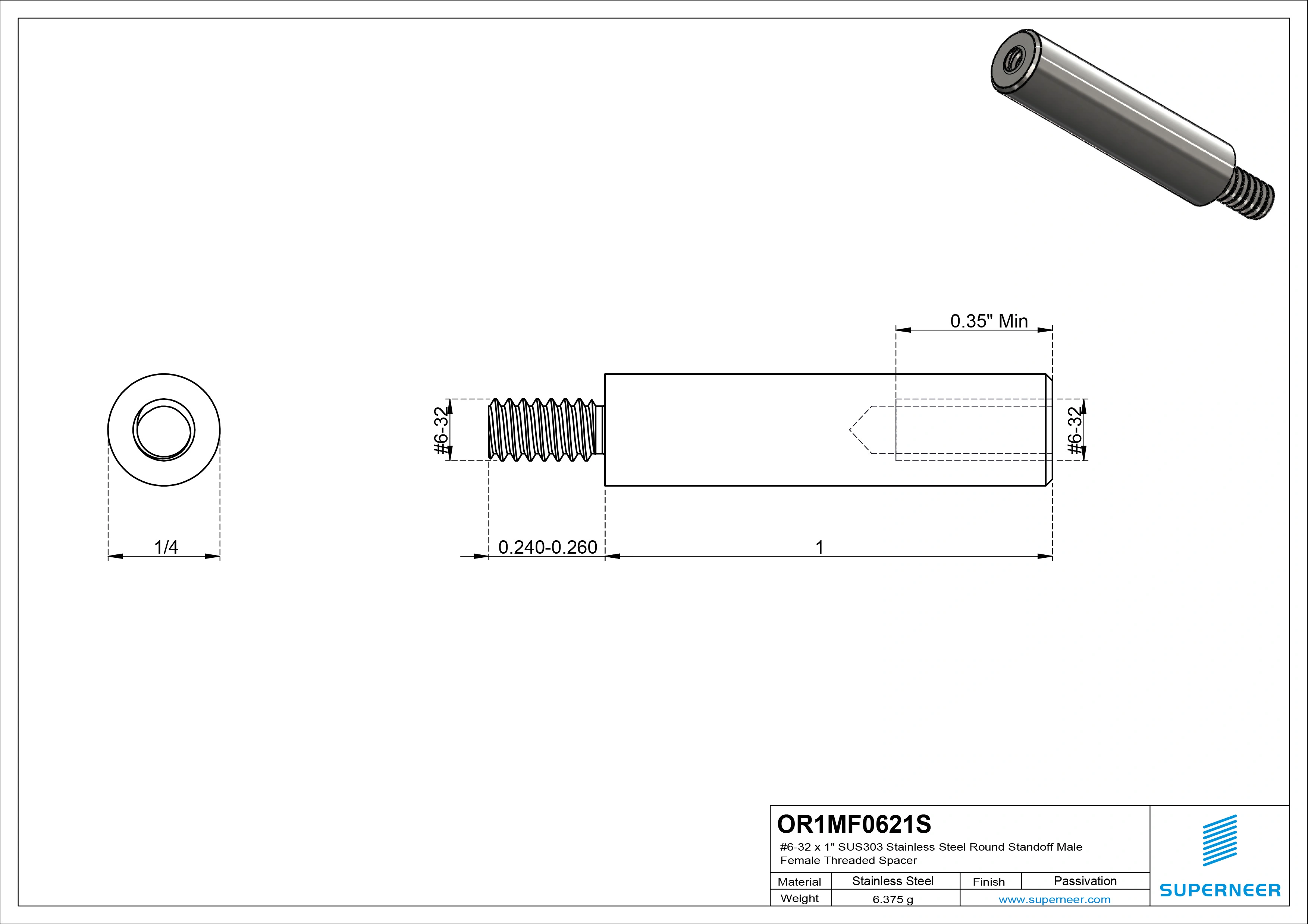 6-32 x 1" SUS303 Stainless Steel Inox Round Standoff Male Female Threaded Spacer