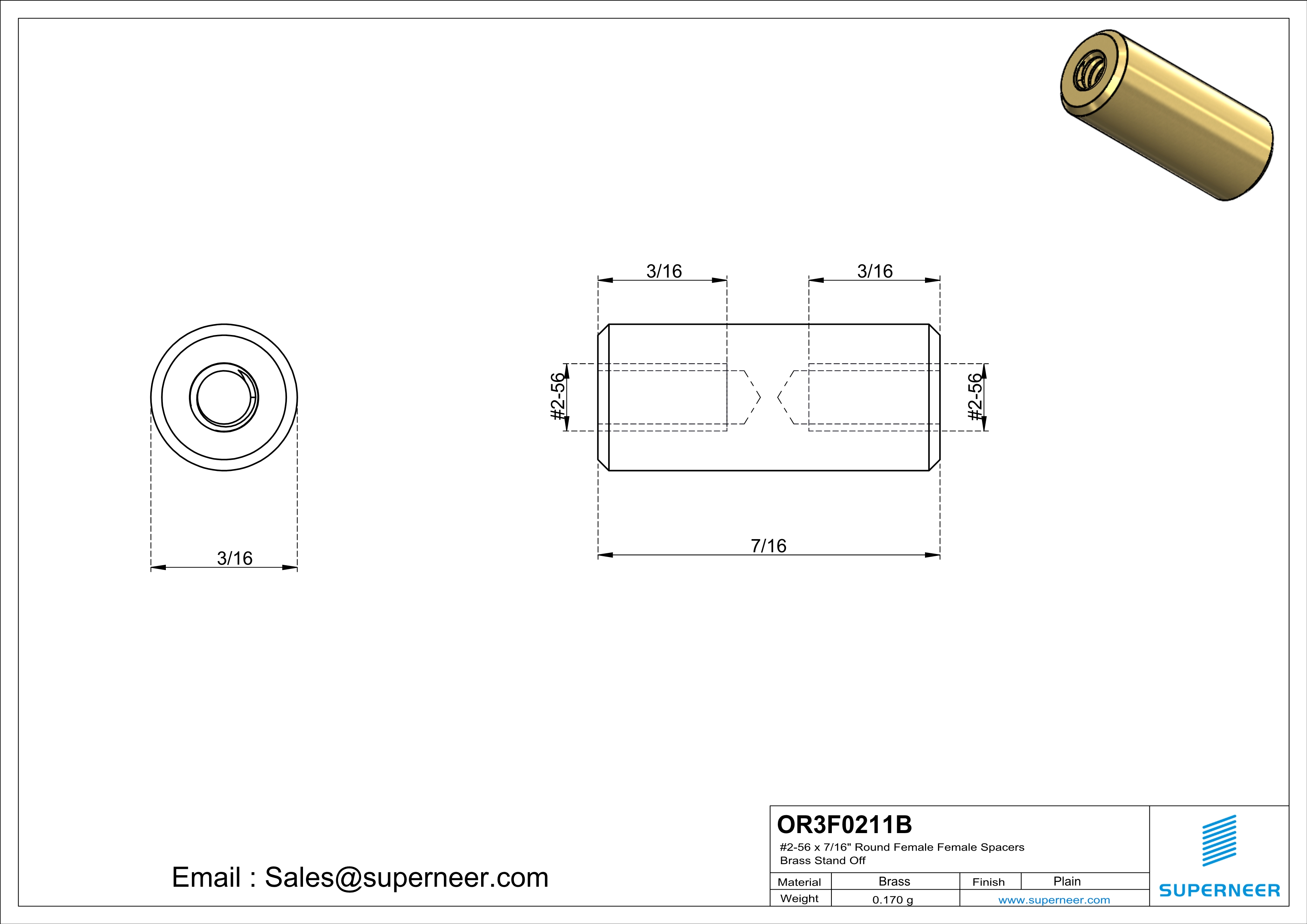 2-56 x 7/16" Round Female Female Spacers Brass Stand Off  