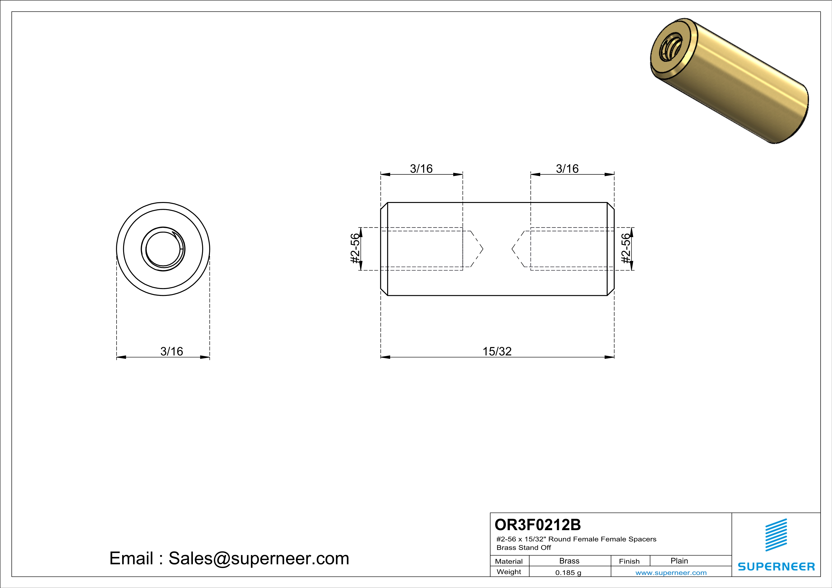 2-56 x 15/32" Round Female Female Spacers Brass Stand Off  