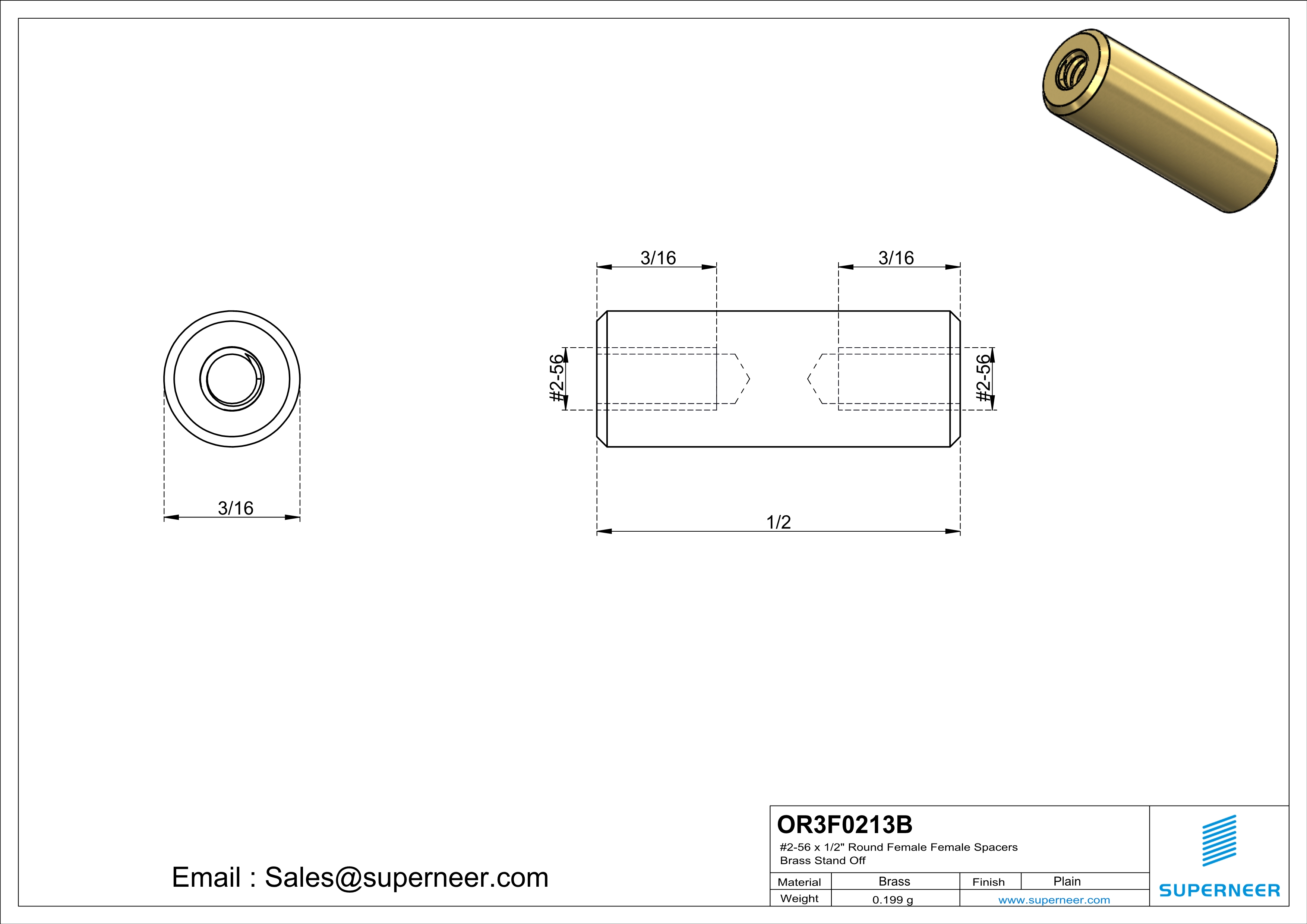 2-56 x 1/2" Round Female Female Spacers Brass Stand Off  