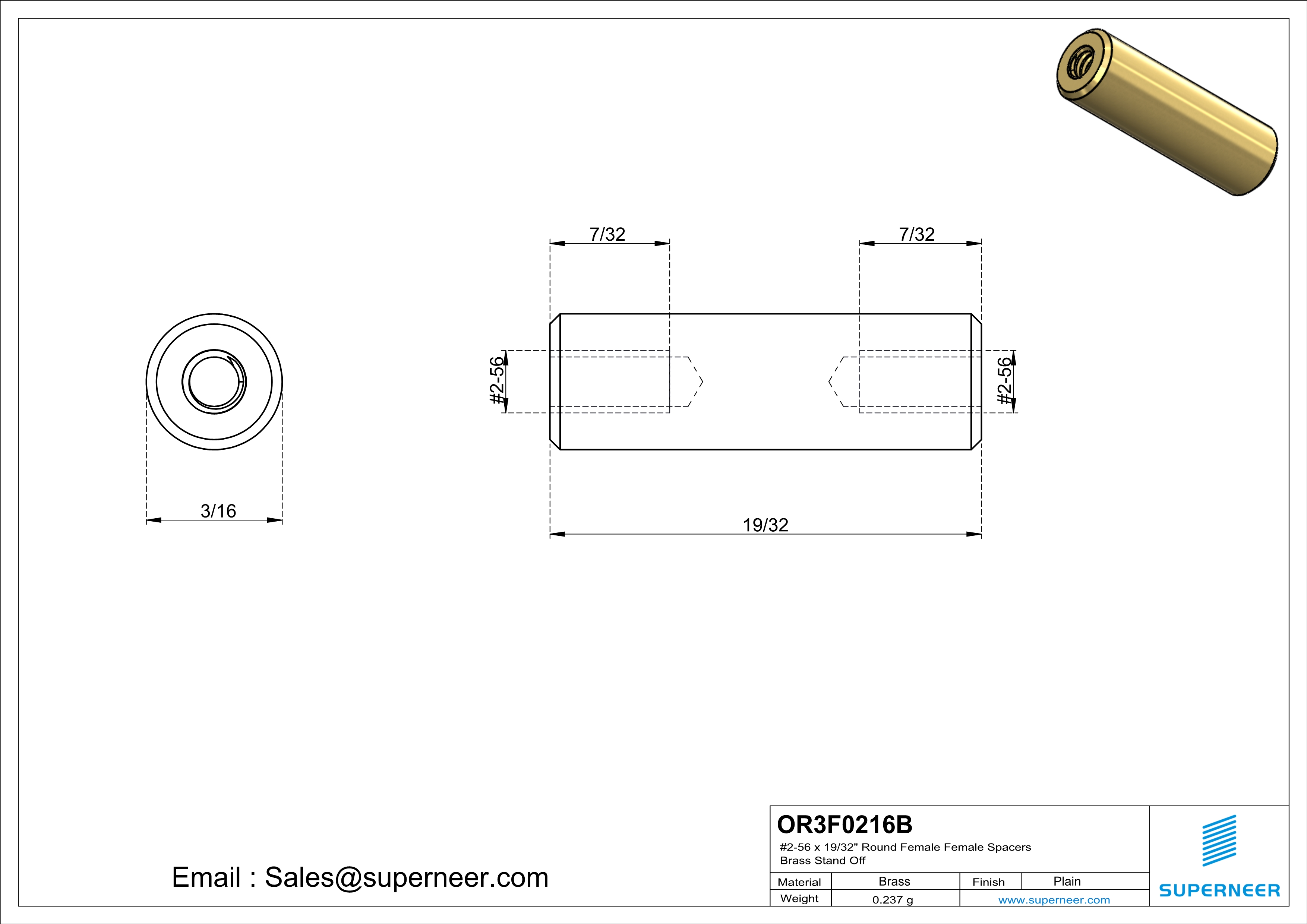 2-56 x 19/32" Round Female Female Spacers Brass Stand Off  