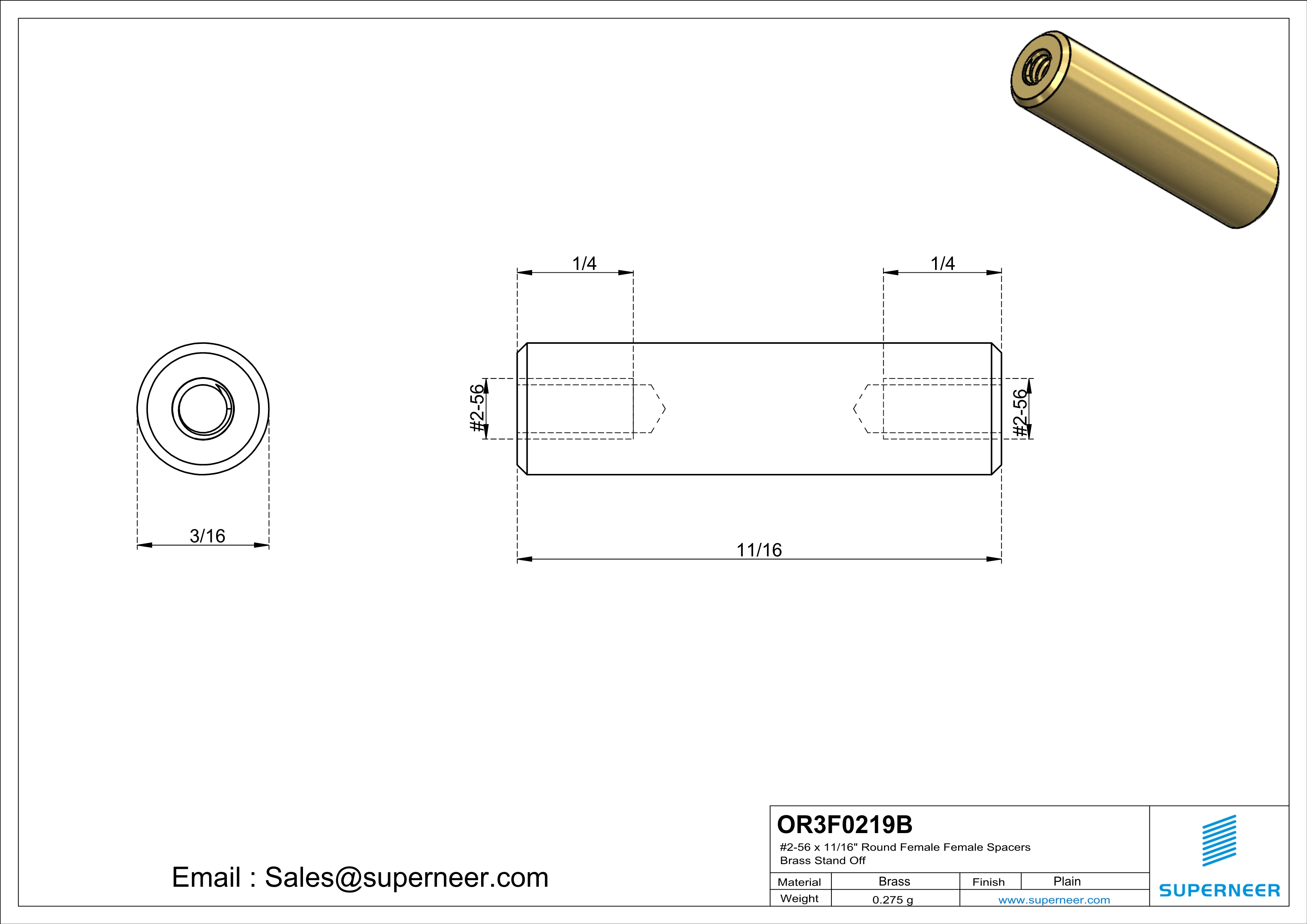 2-56 x 11/16" Round Female Female Spacers Brass Stand Off  