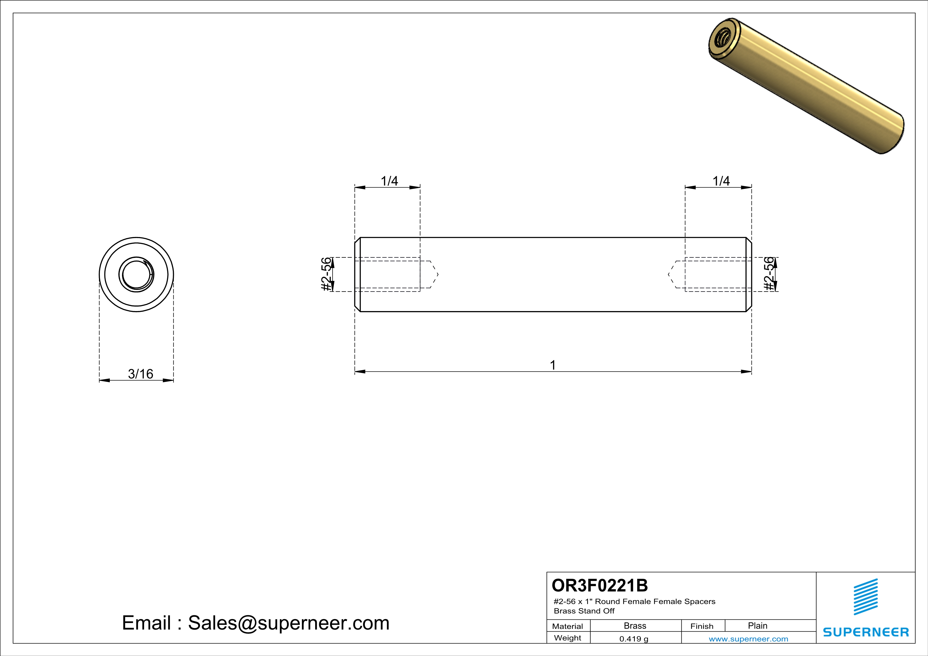 2-56 x 1"  Round Female Female Spacers Brass Stand Off  