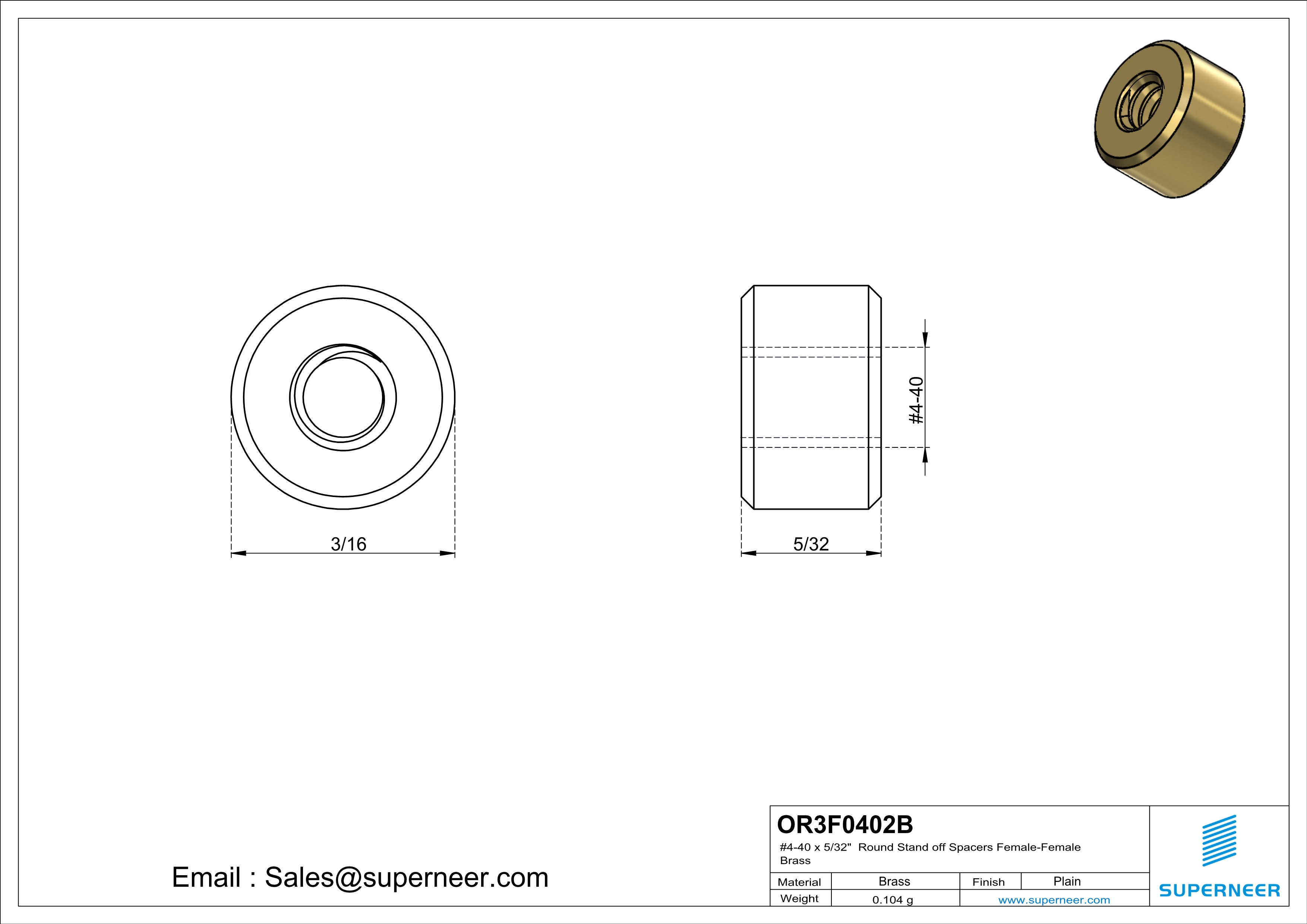 4-40 x 5/32" Round Stand off Spacers Female-Female Brass