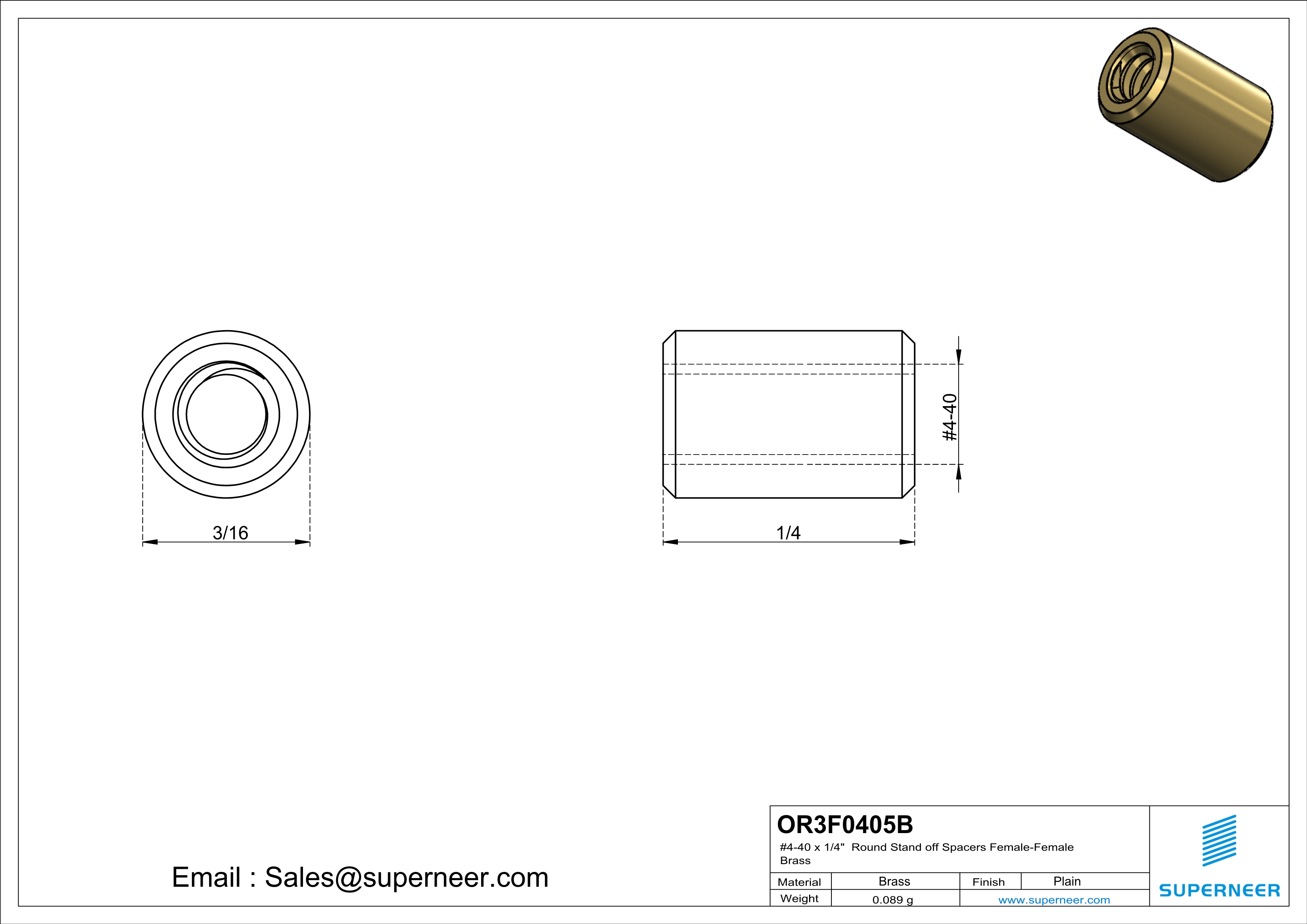 4-40 x 1/4" Round Stand off Spacers Female-Female Brass