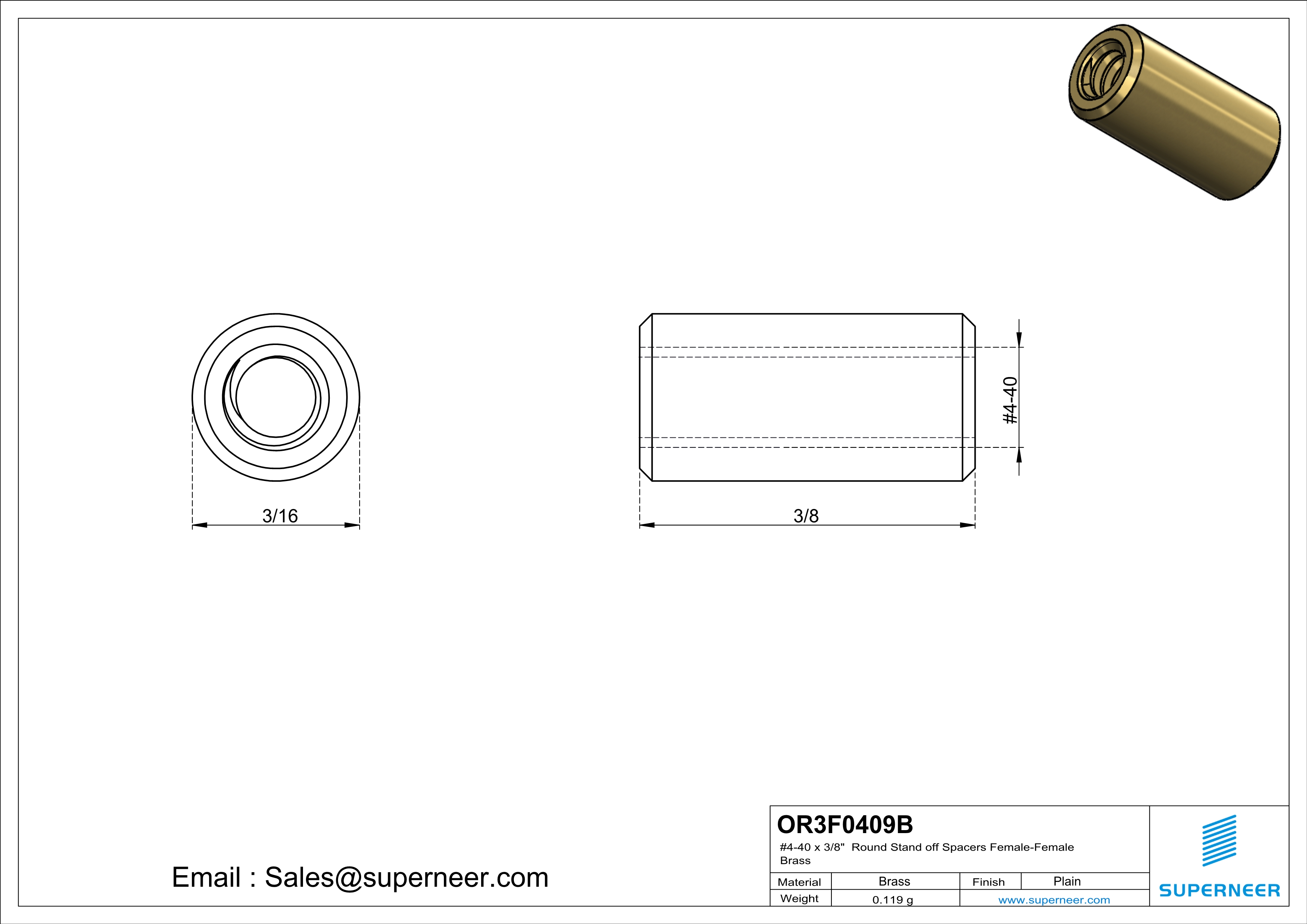 4-40 x 3/8" Round Stand off Spacers Female-Female Brass