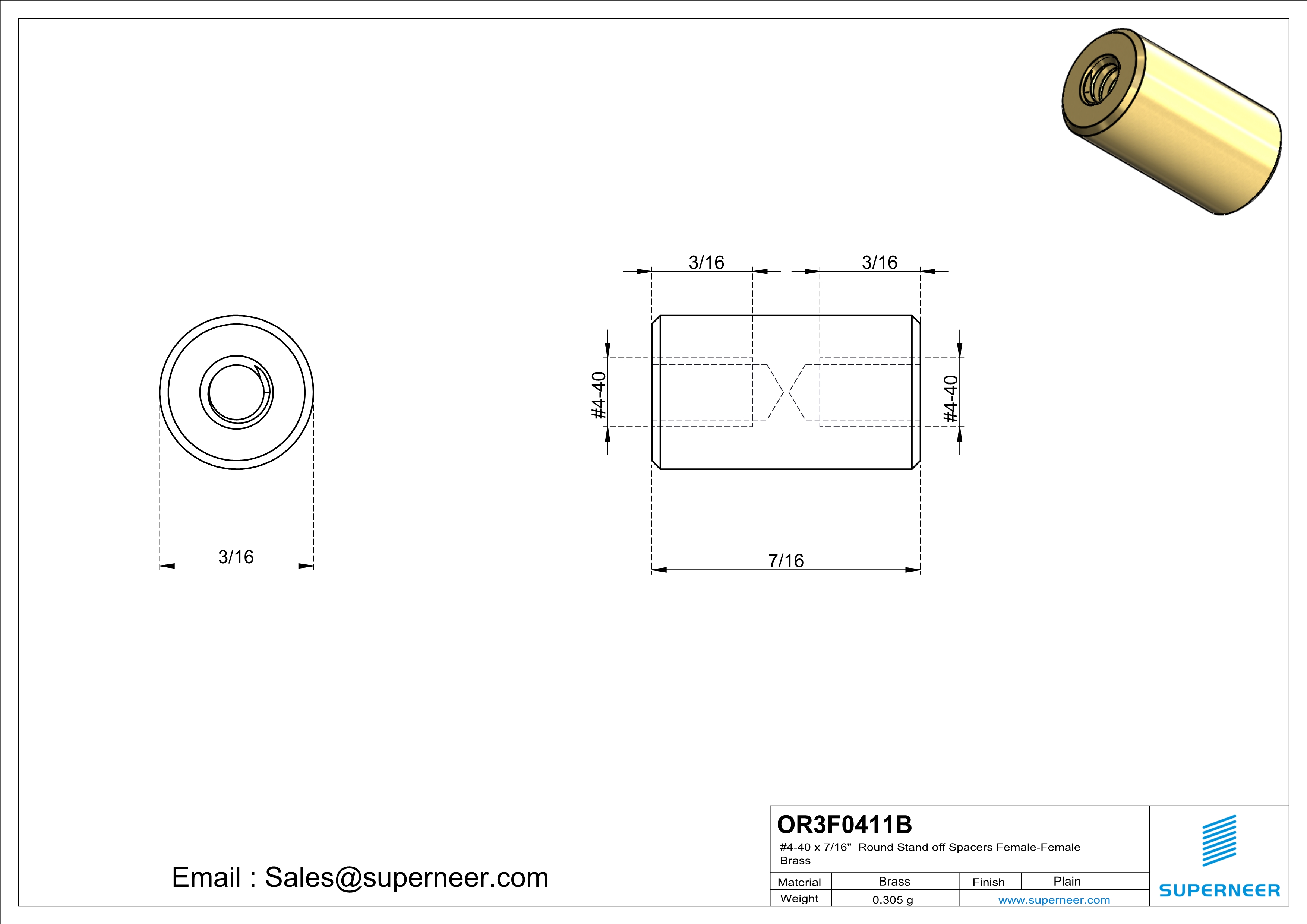 4-40 x 7/16" Round Stand off Spacers Female-Female Brass