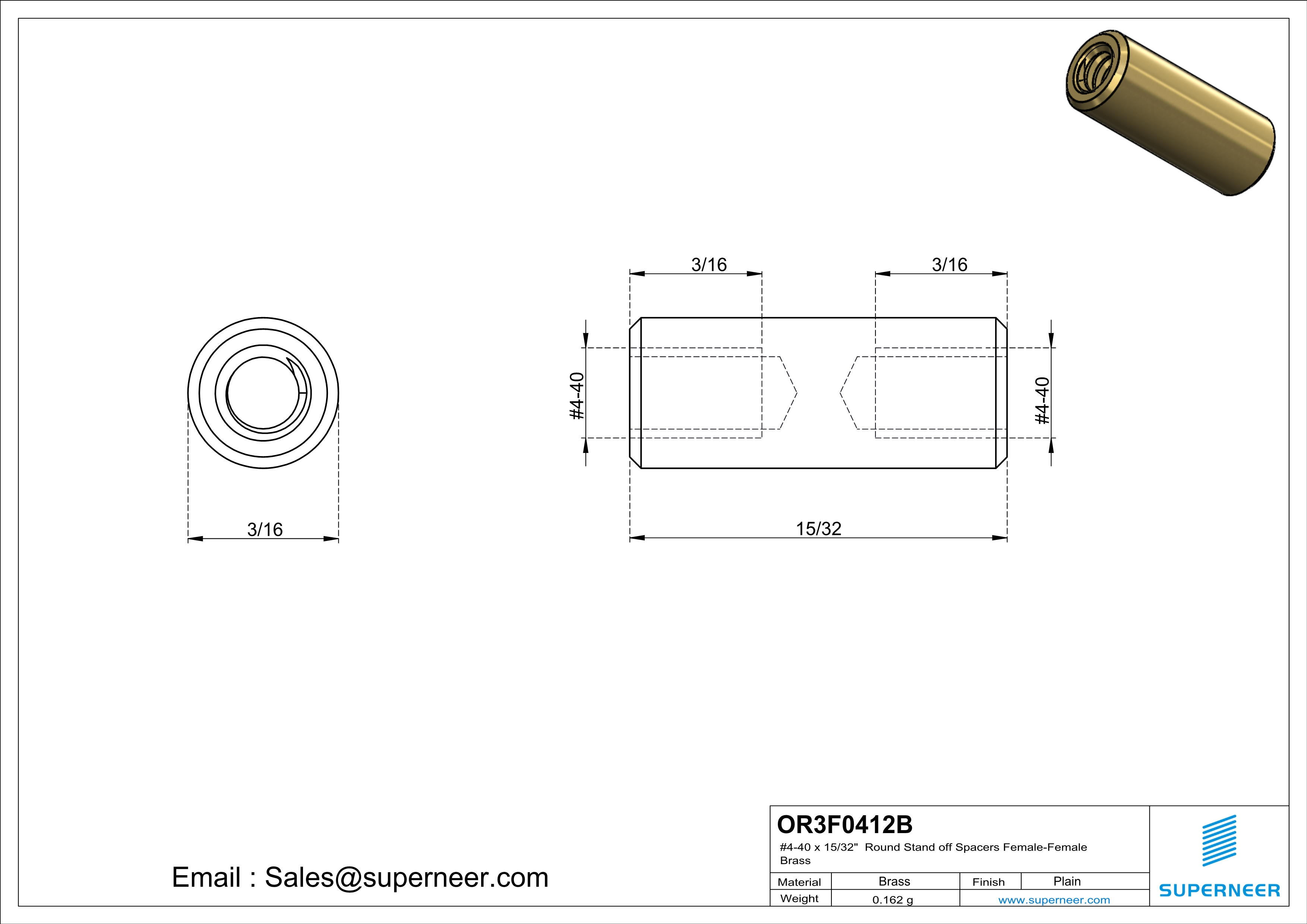 4-40 x 15/32" Round Stand off Spacers Female-Female Brass