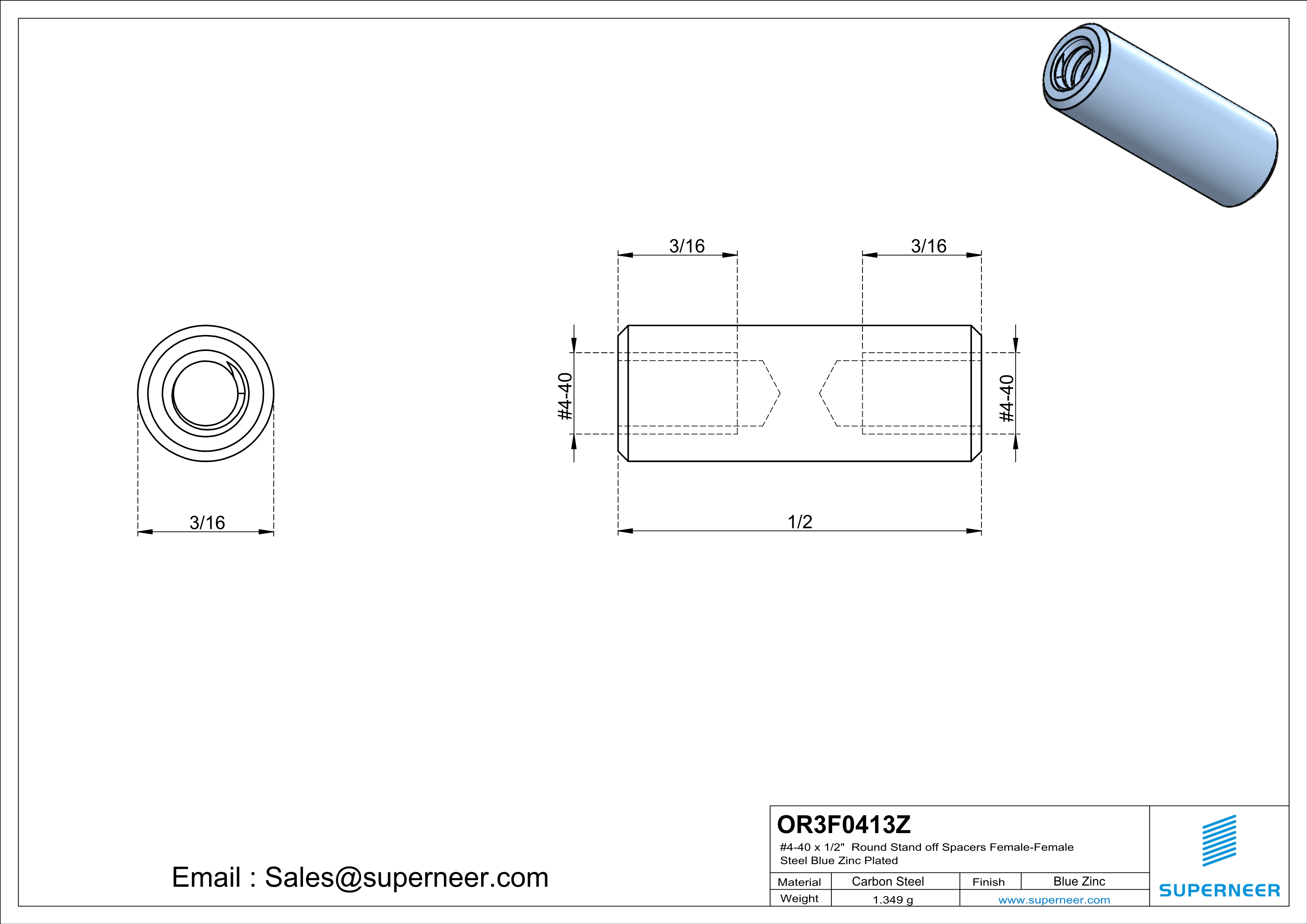 4-40 x 1/2" Round Stand off Spacers Female-Female Steel Blue Zinc Plated