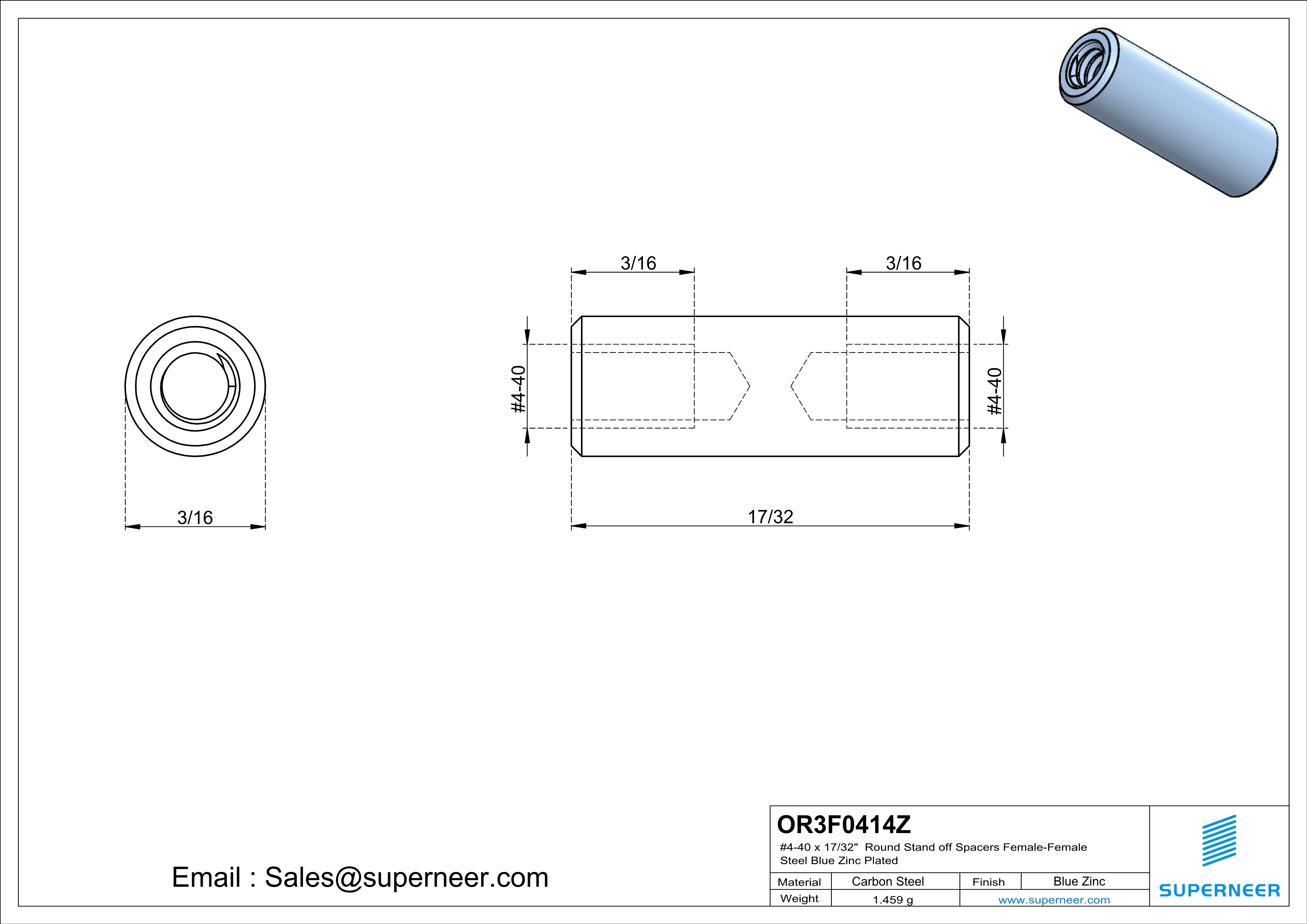 4-40 x 17/32" Round Stand off Spacers Female-Female Steel Blue Zinc Plated