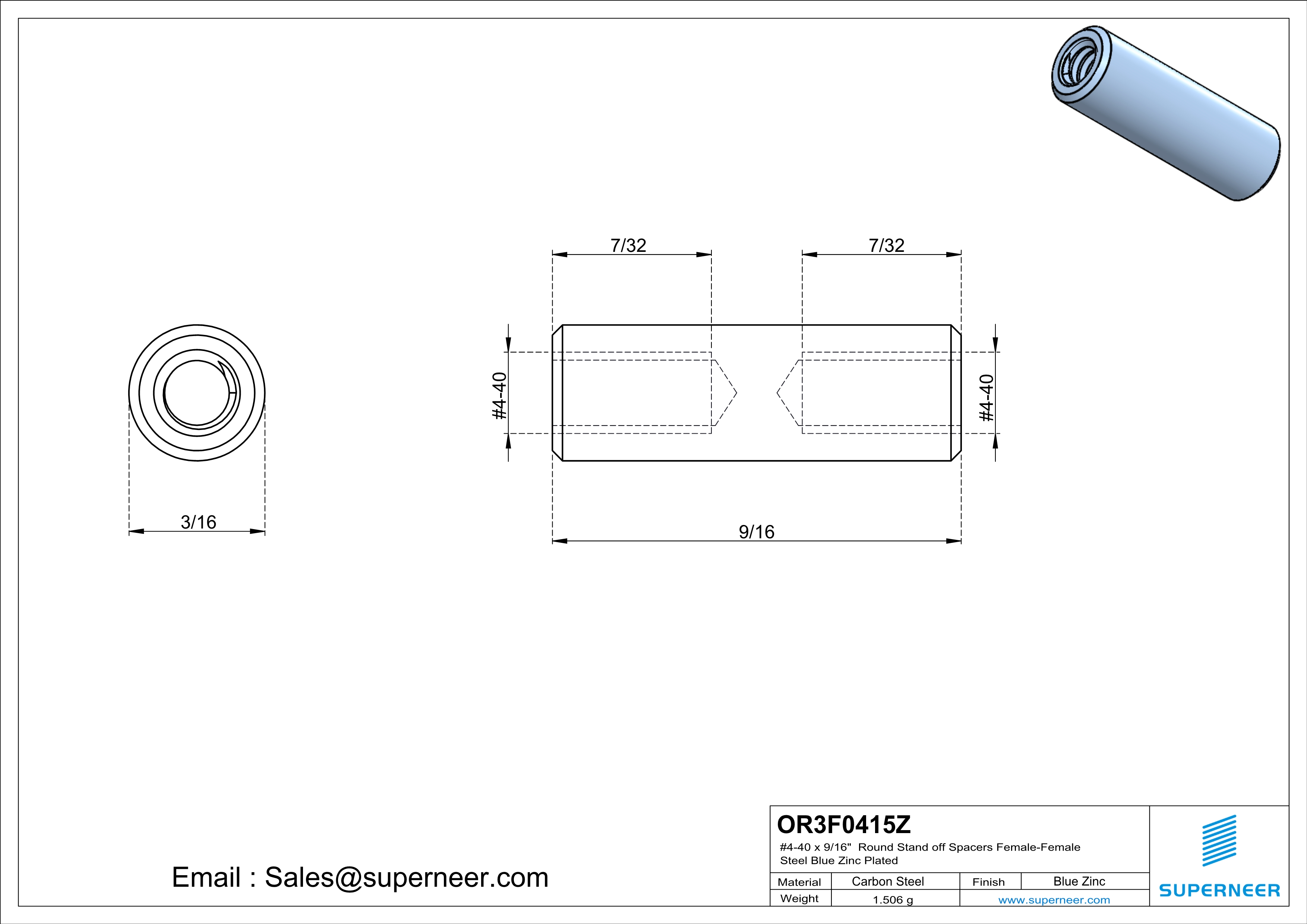 4-40 x 9/16" Round Stand off Spacers Female-Female Steel Blue Zinc Plated