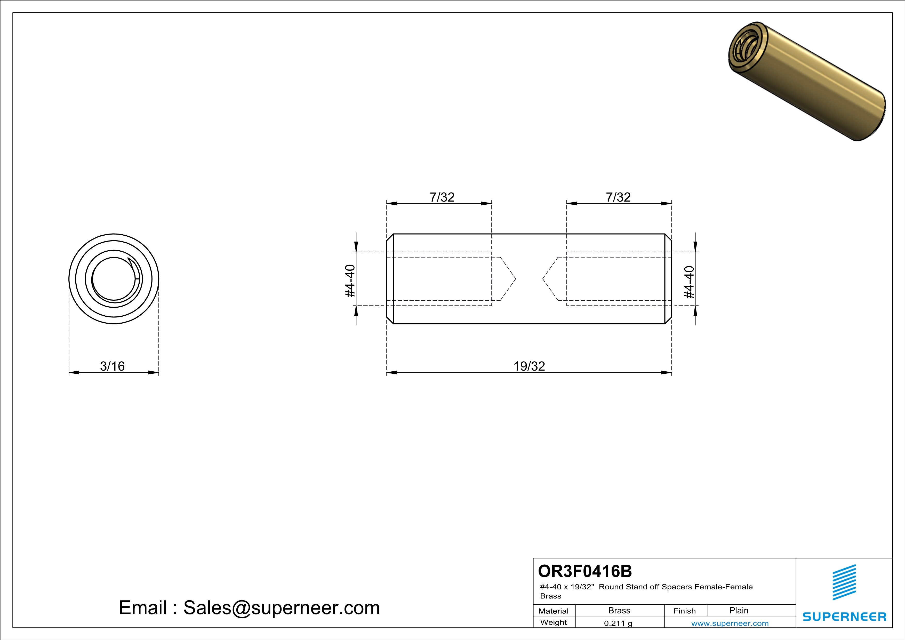 4-40 x 19/32" Round Stand off Spacers Female-Female Brass