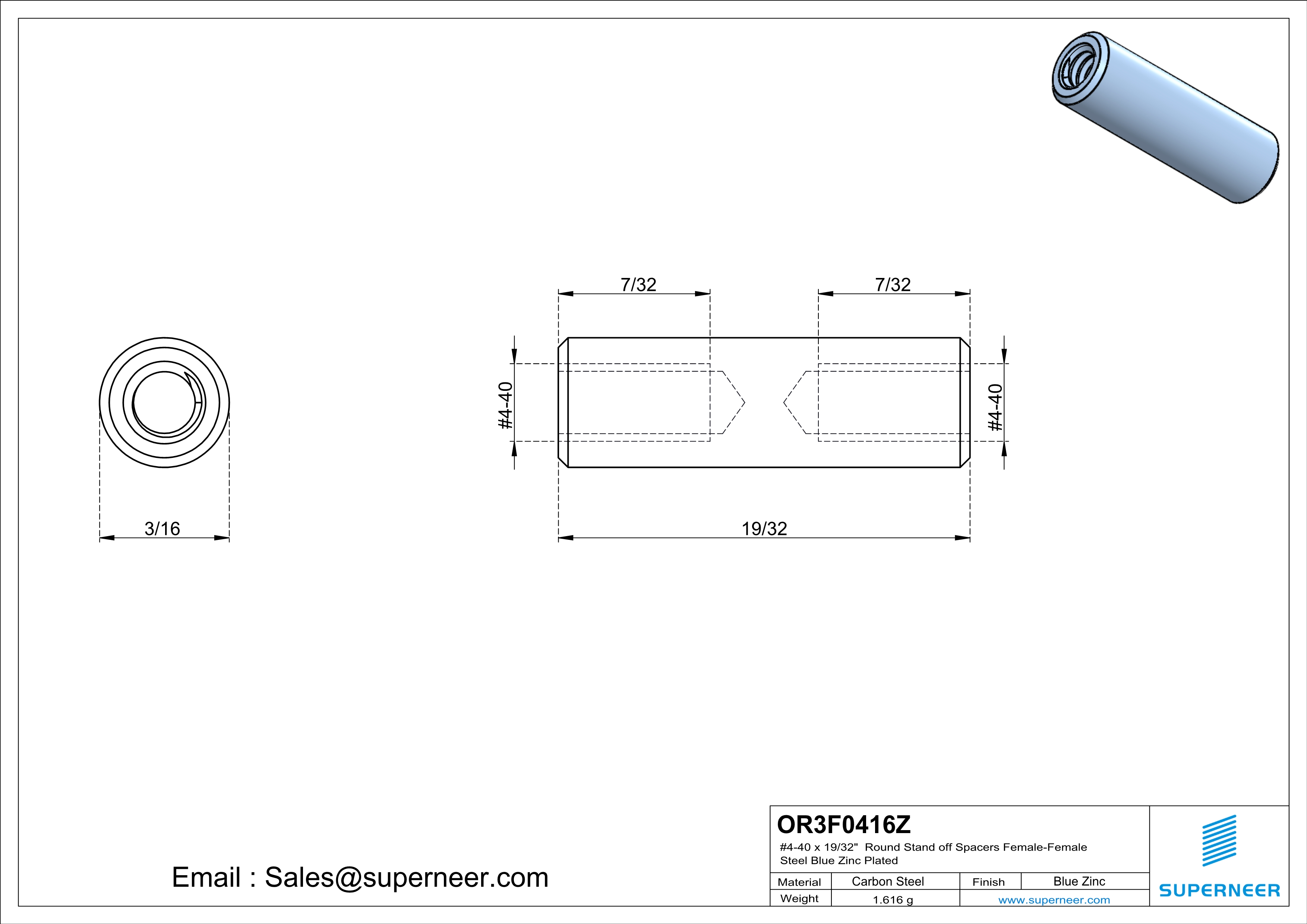 4-40 x 19/32" Round Stand off Spacers Female-Female Steel Blue Zinc Plated