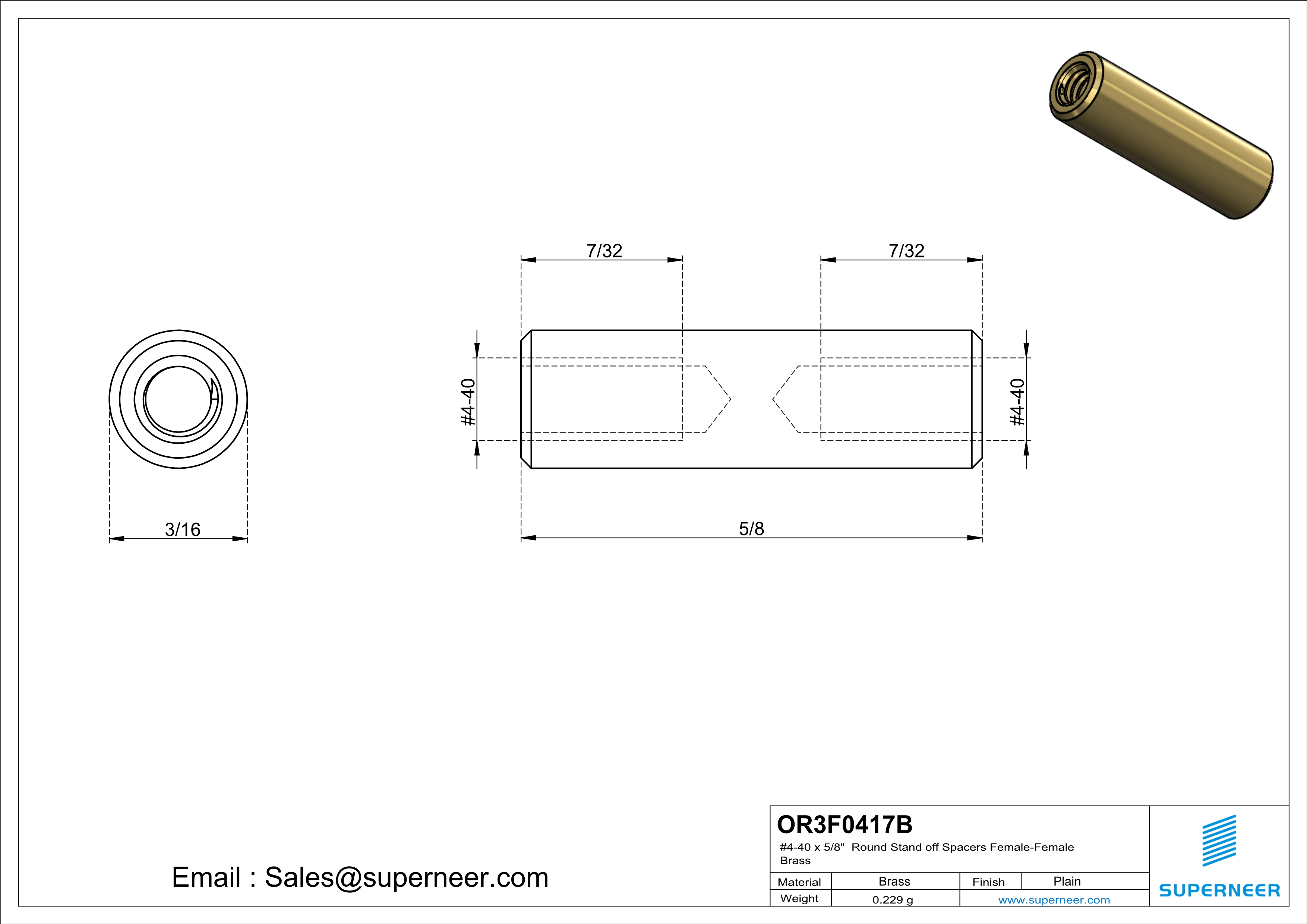 4-40 x 5/8" Round Stand off Spacers Female-Female Brass