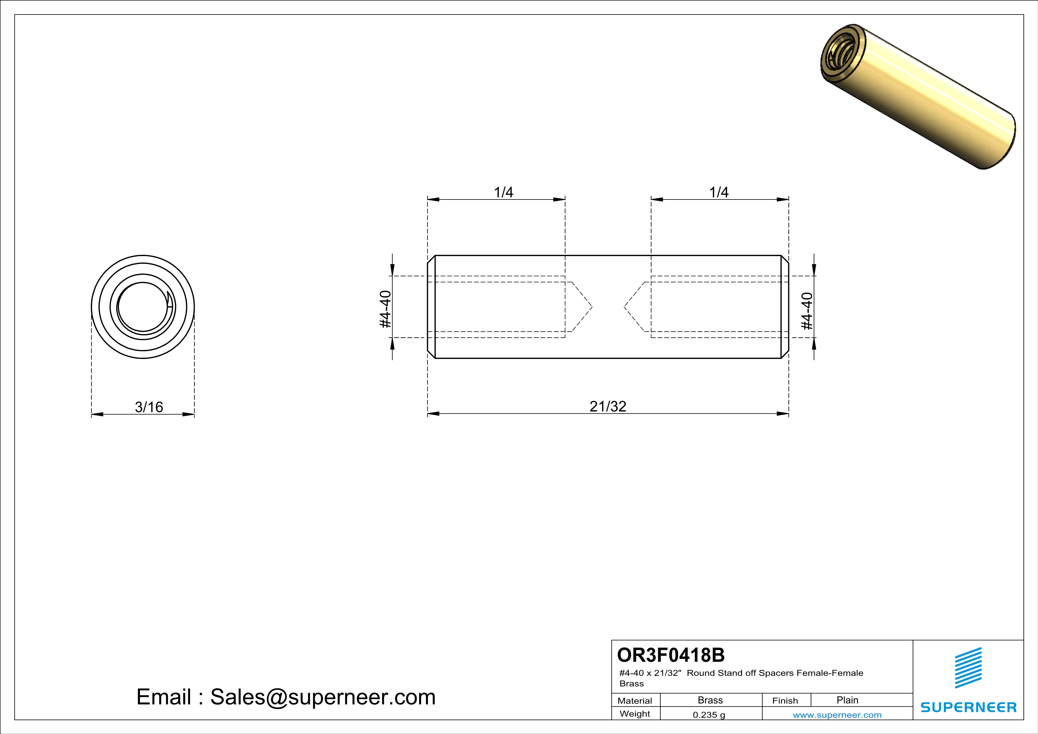 4-40 x 21/32" Round Stand off Spacers Female-Female Brass