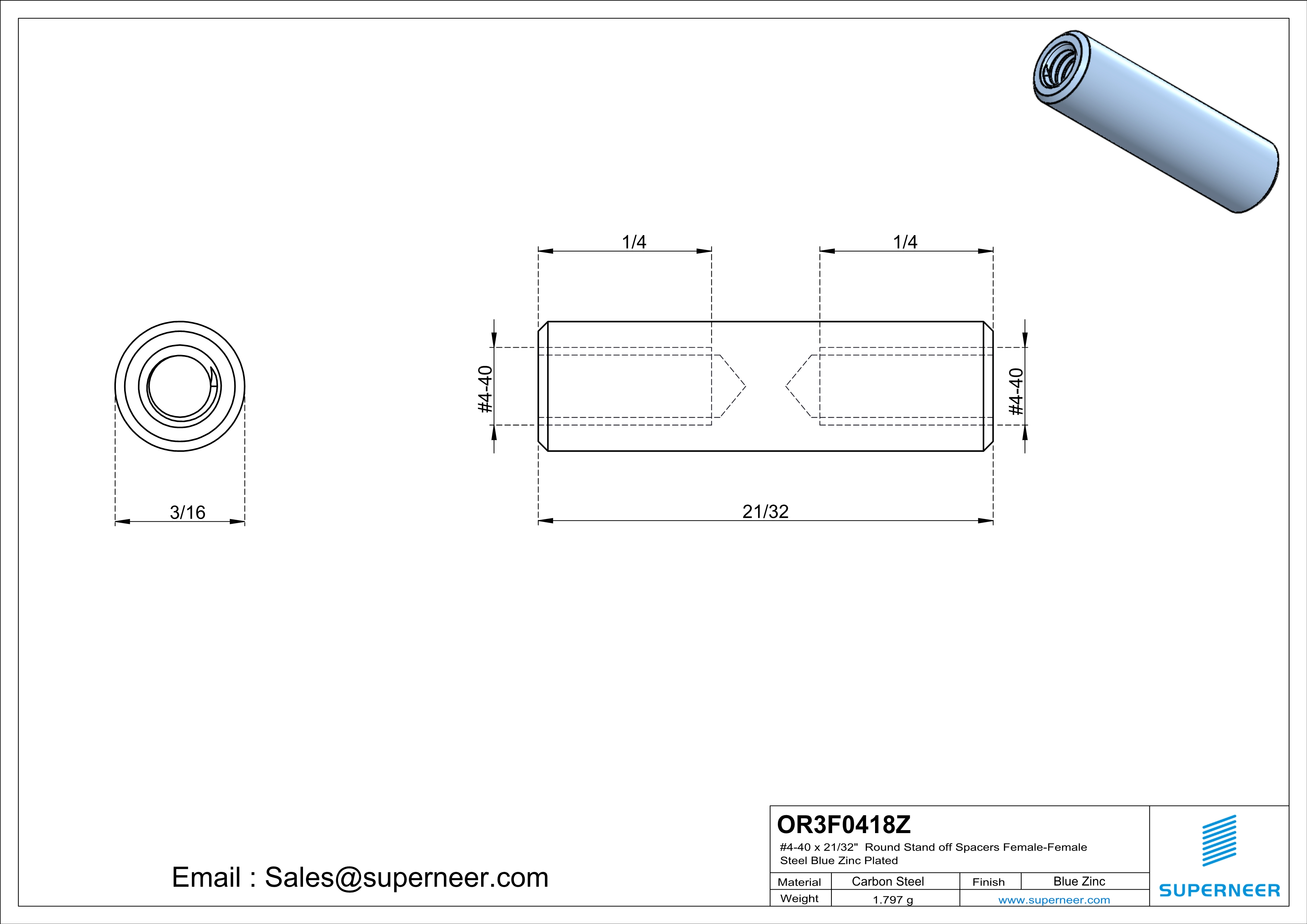 4-40 x 21/32" Round Stand off Spacers Female-Female Steel Blue Zinc Plated