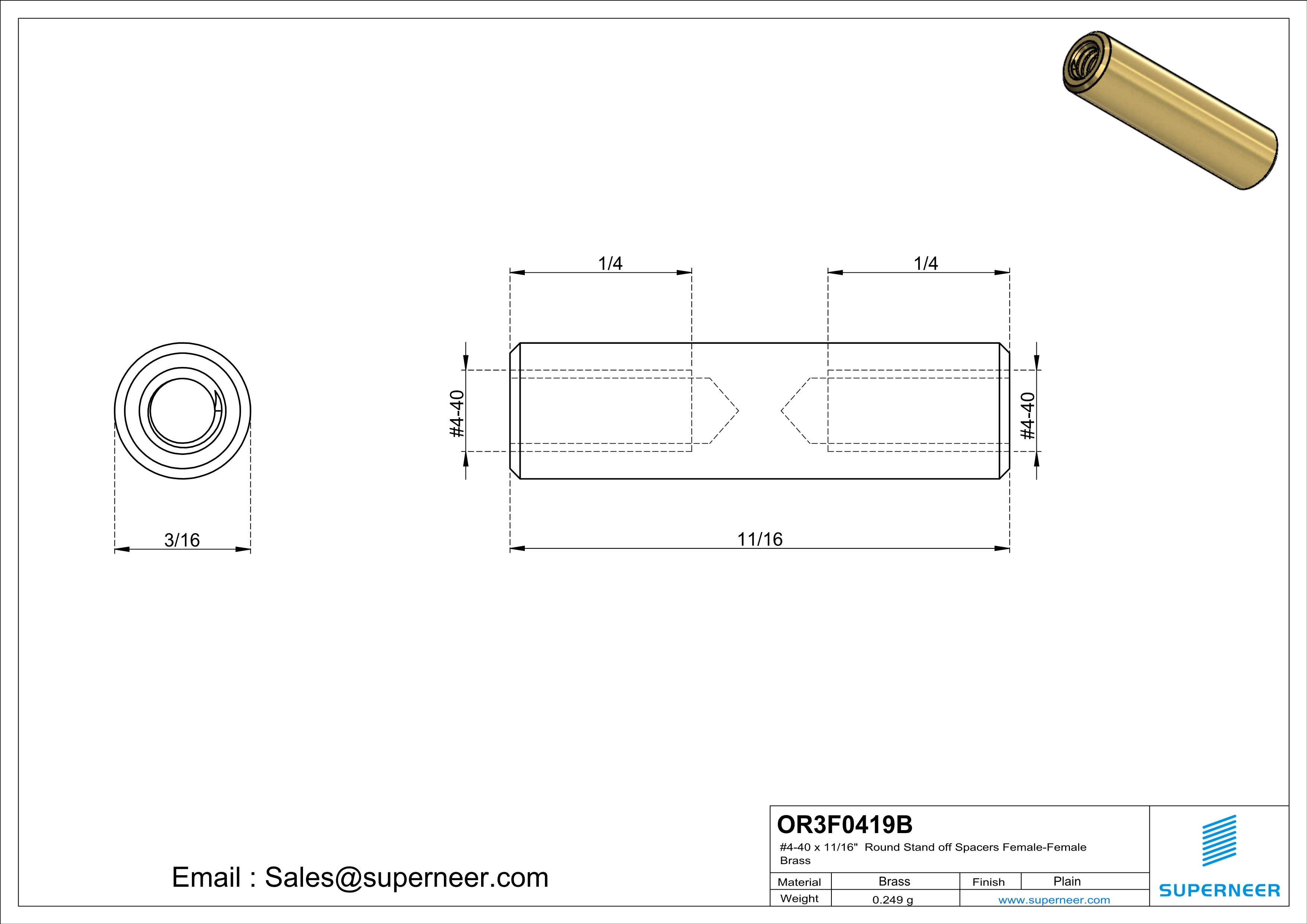 4-40 x 11/16" Round Stand off Spacers Female-Female Brass