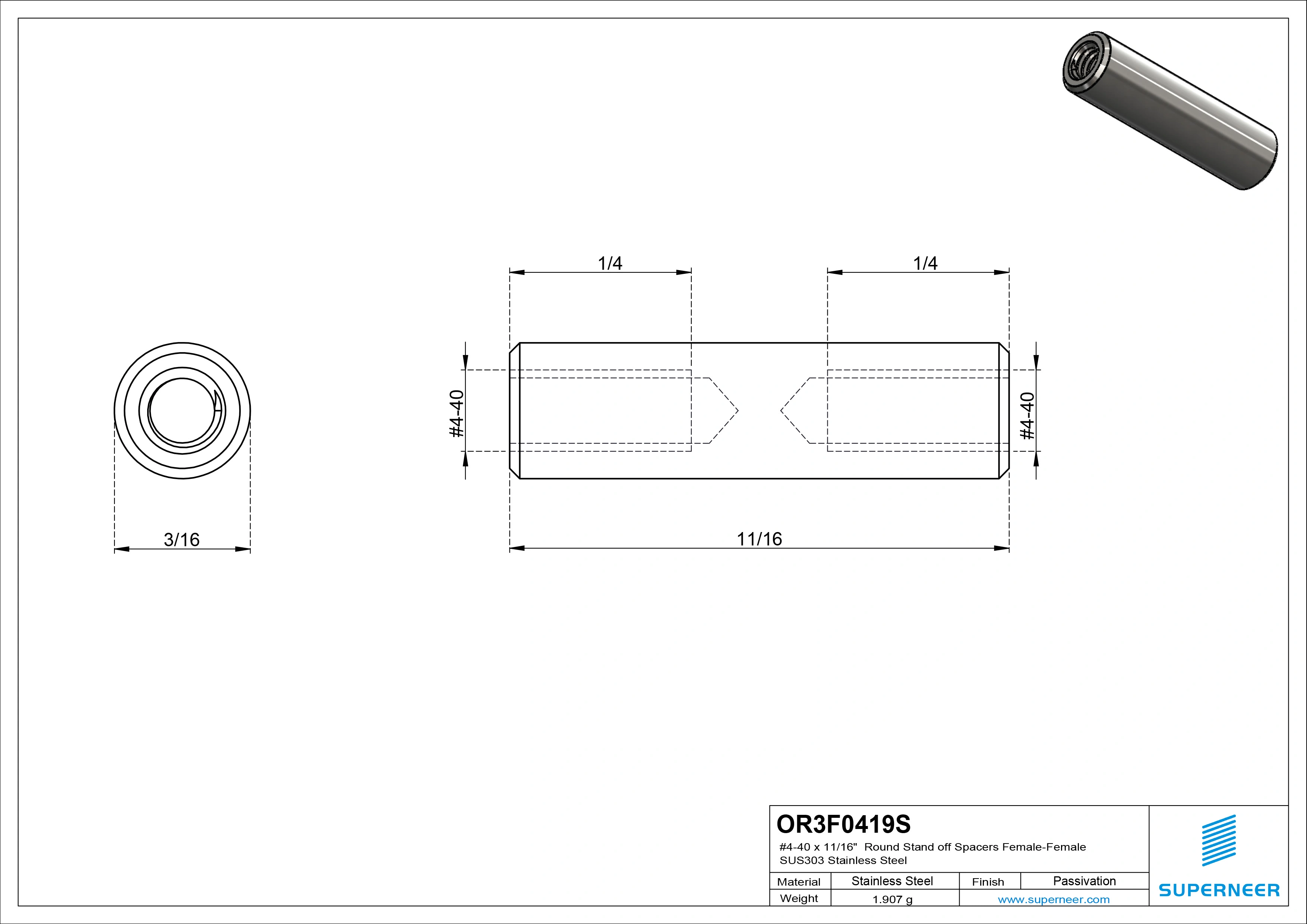 4-40 x 11/16" Round Stand off Spacers Female-Female SUS303 Stainless Steel Inox