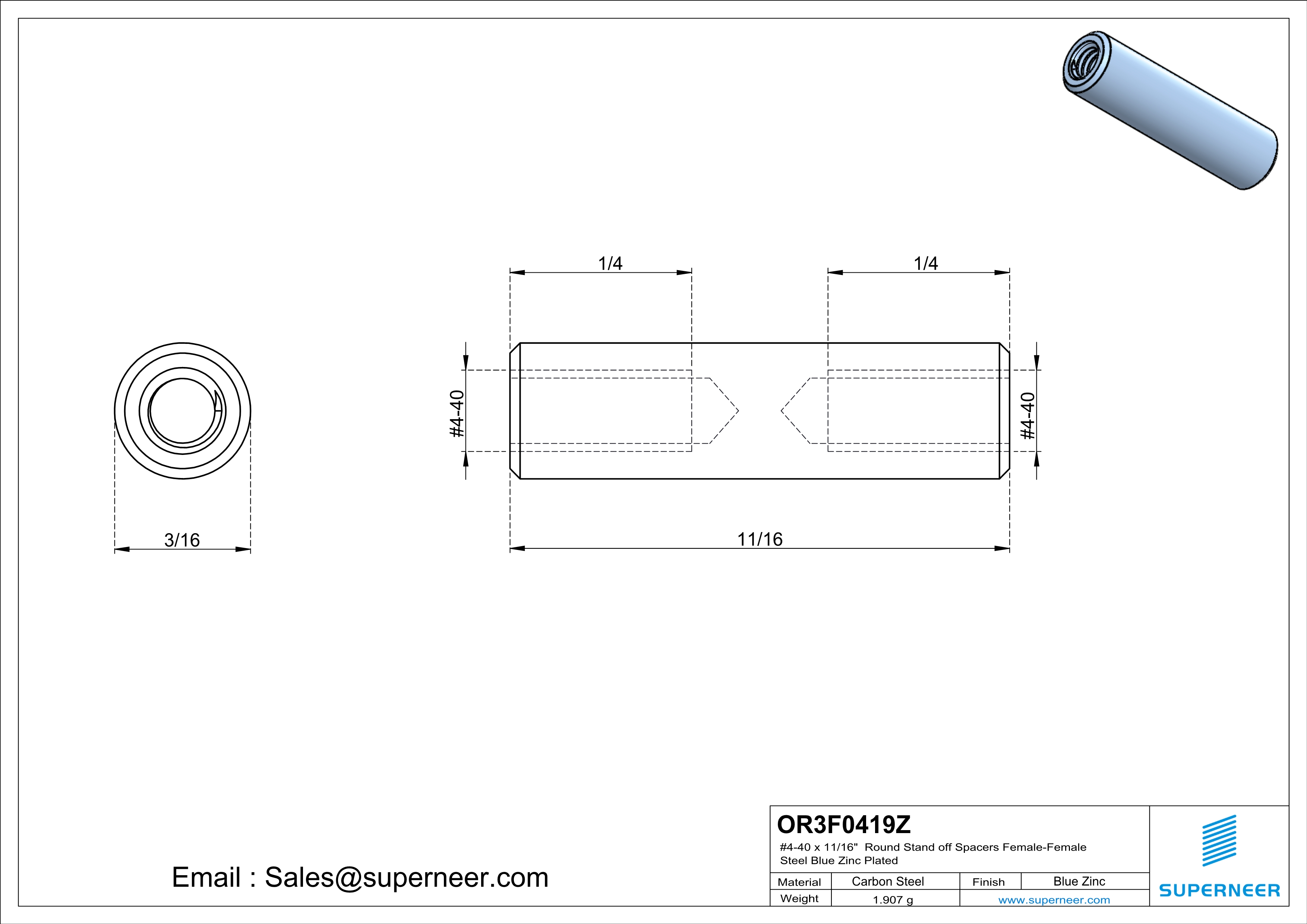 4-40 x 11/16" Round Stand off Spacers Female-Female Steel Blue Zinc Plated