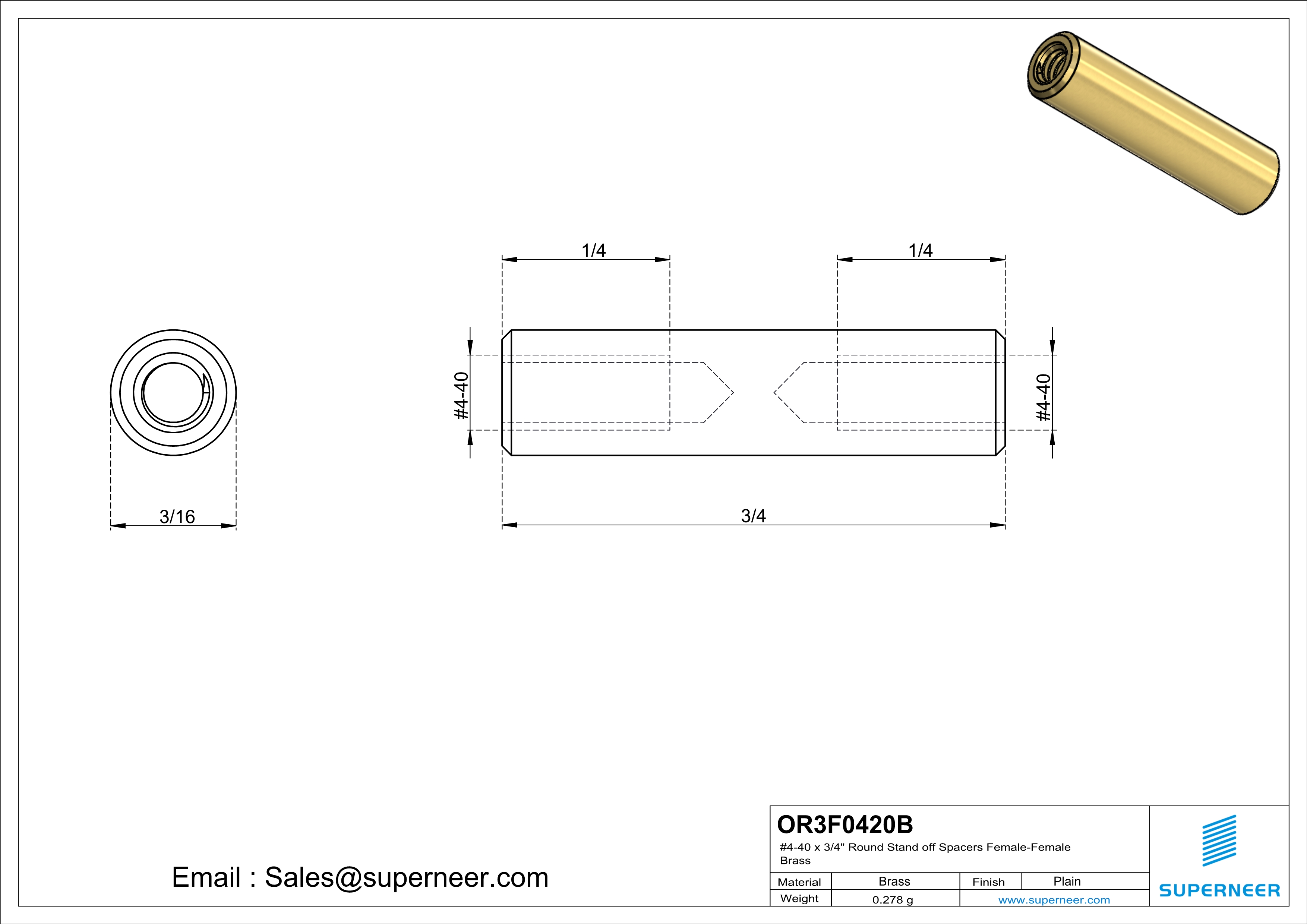 4-40 x 3/4" Round Stand off Spacers Female-Female Brass