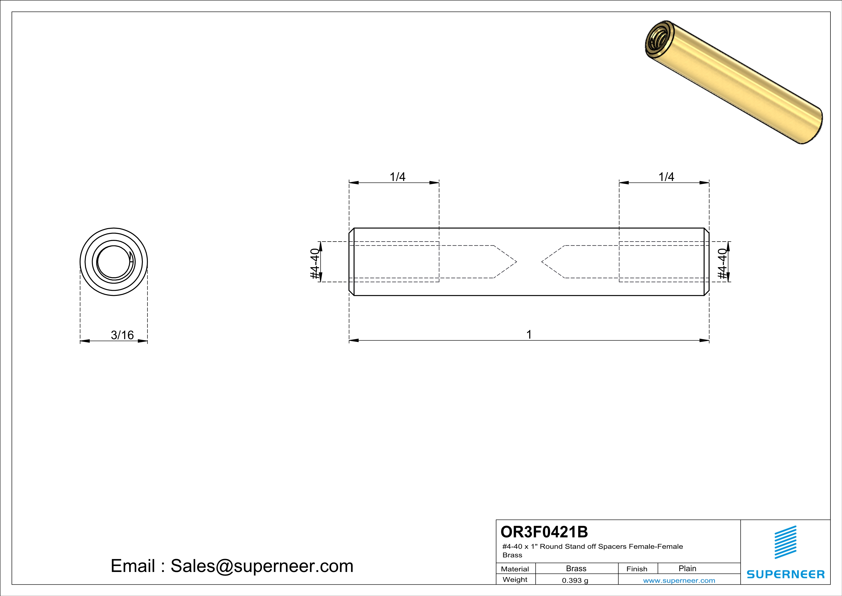 4-40 x 1" Round Stand off Spacers Female-Female Brass