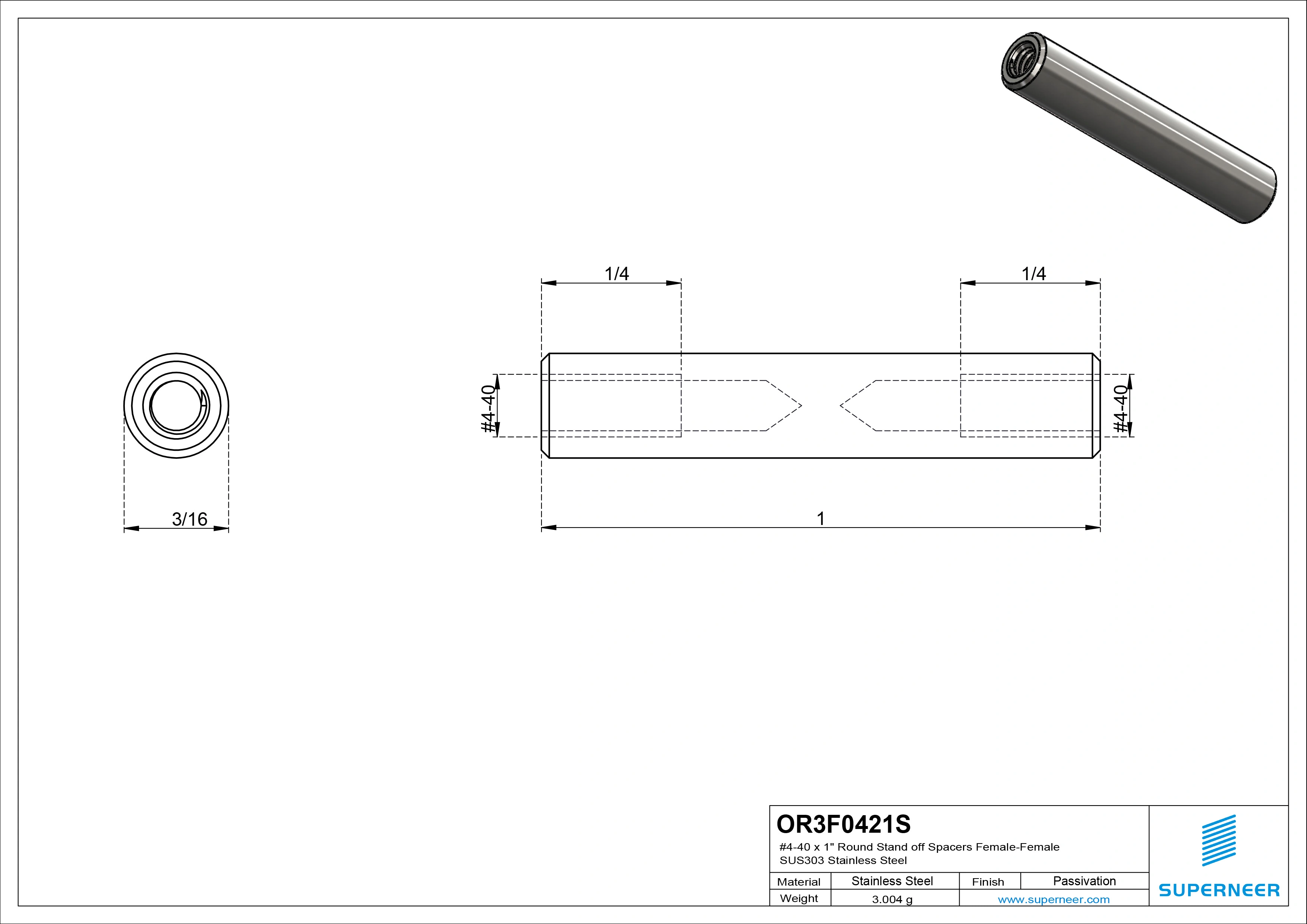 4-40 x 1" Round Stand off Spacers Female-Female SUS303 Stainless Steel Inox