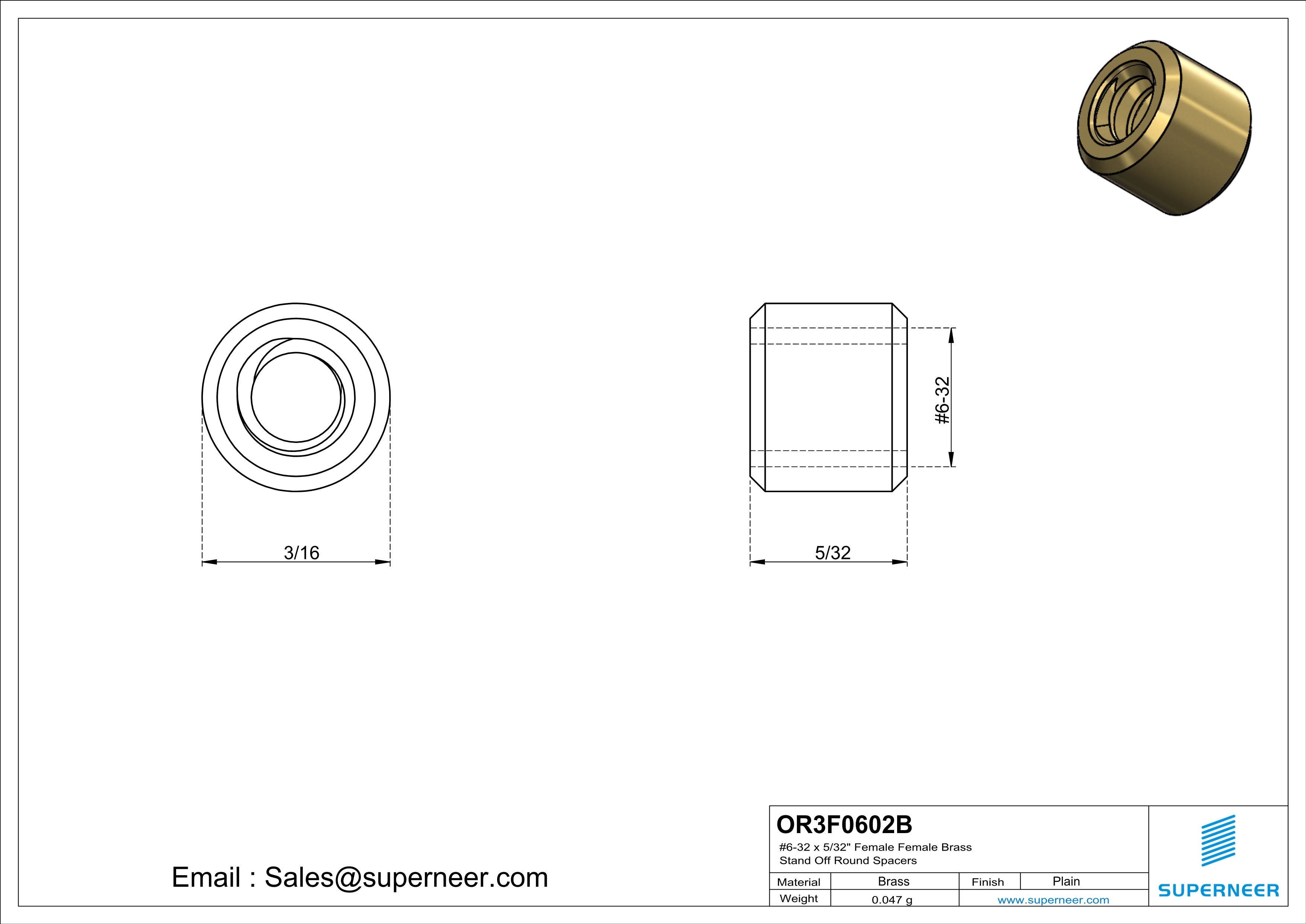 6-32 x 5/32" Female Female Brass Stand Off Round Spacers 