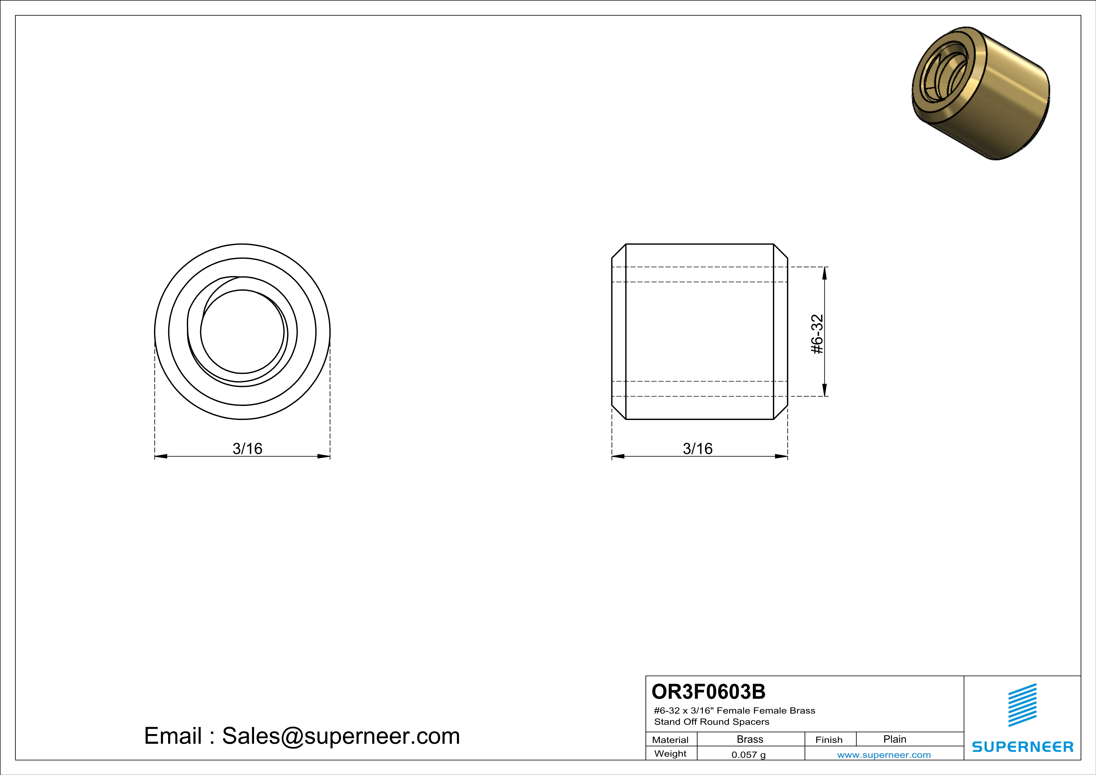 6-32 x 3/16" Female Female Brass Stand Off Round Spacers 