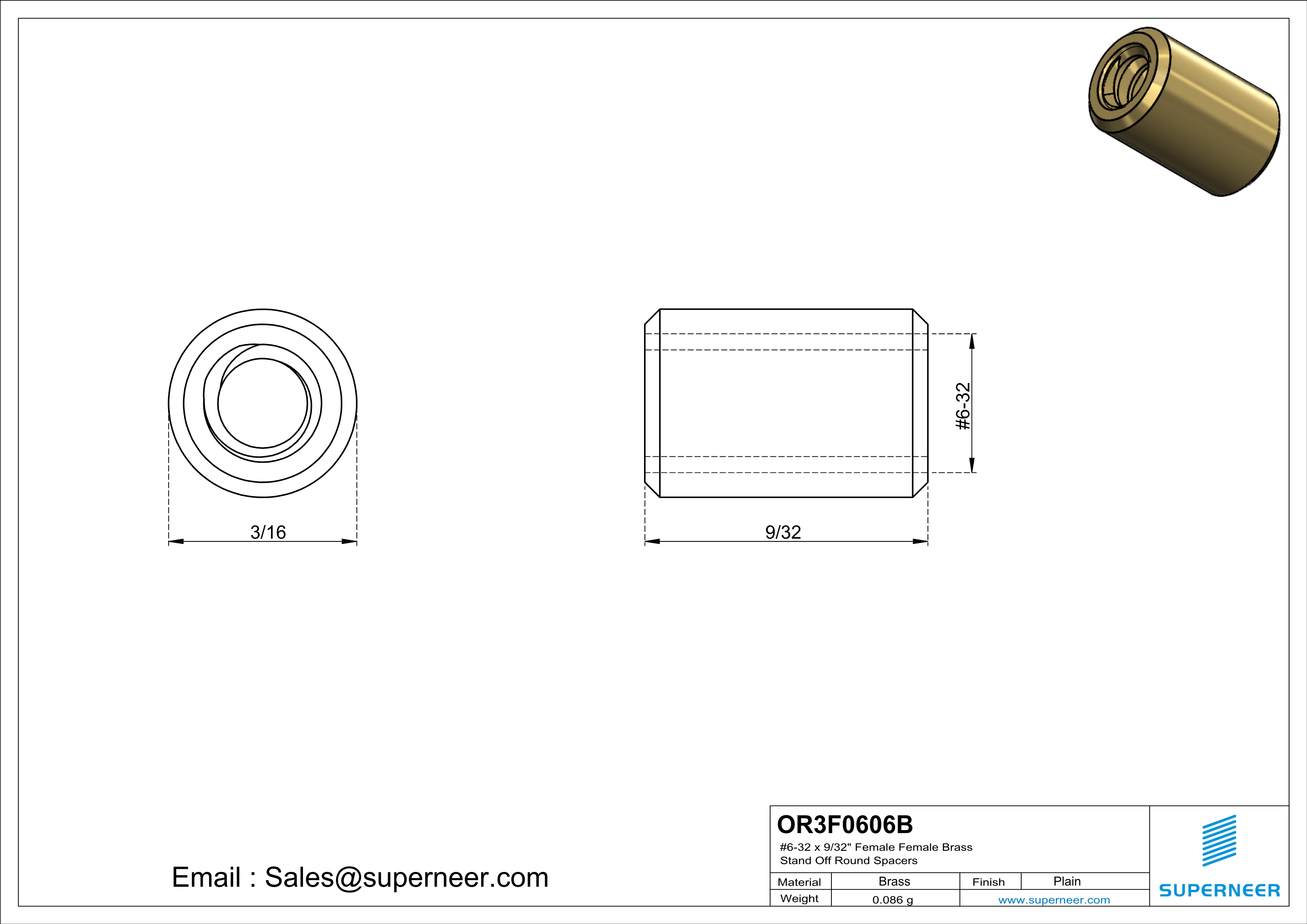 6-32 x 9/32" Female Female Brass Stand Off Round Spacers 