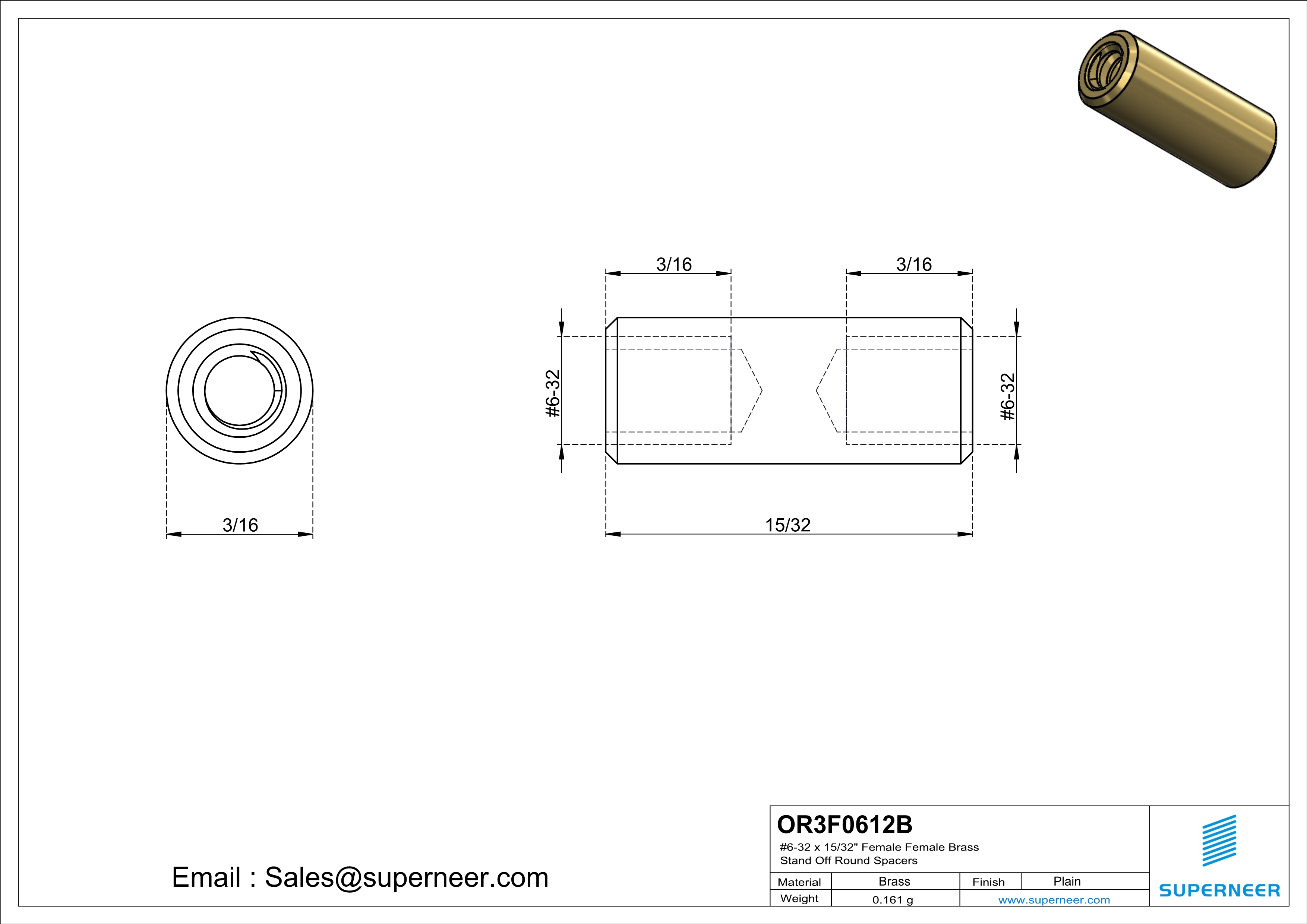 6-32 x 15/32" Female Female Brass Stand Off Round Spacers 