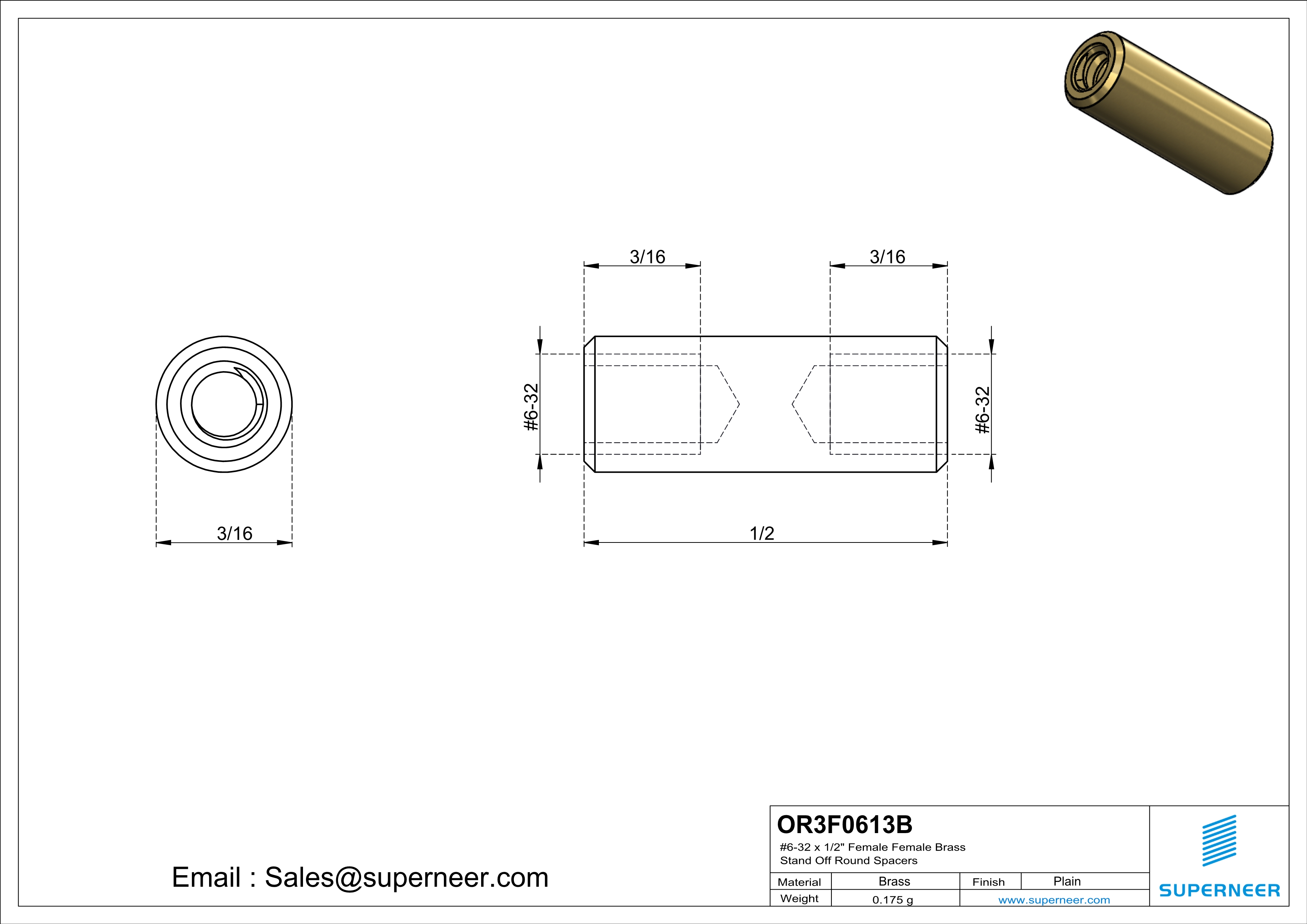 6-32 x 1/2" Female Female Brass Stand Off Round Spacers 