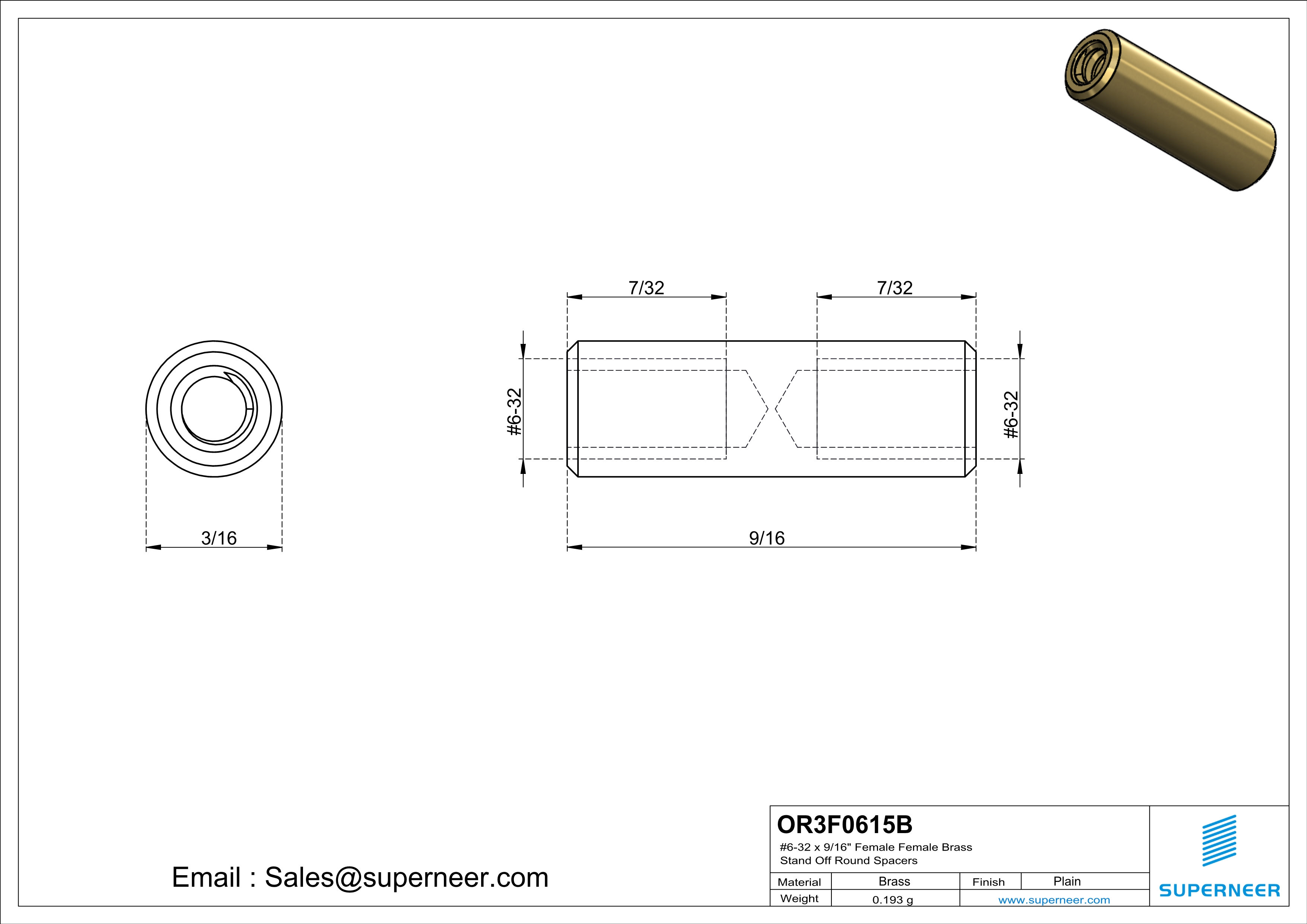 6-32 x 9/16" Female Female Brass Stand Off Round Spacers 