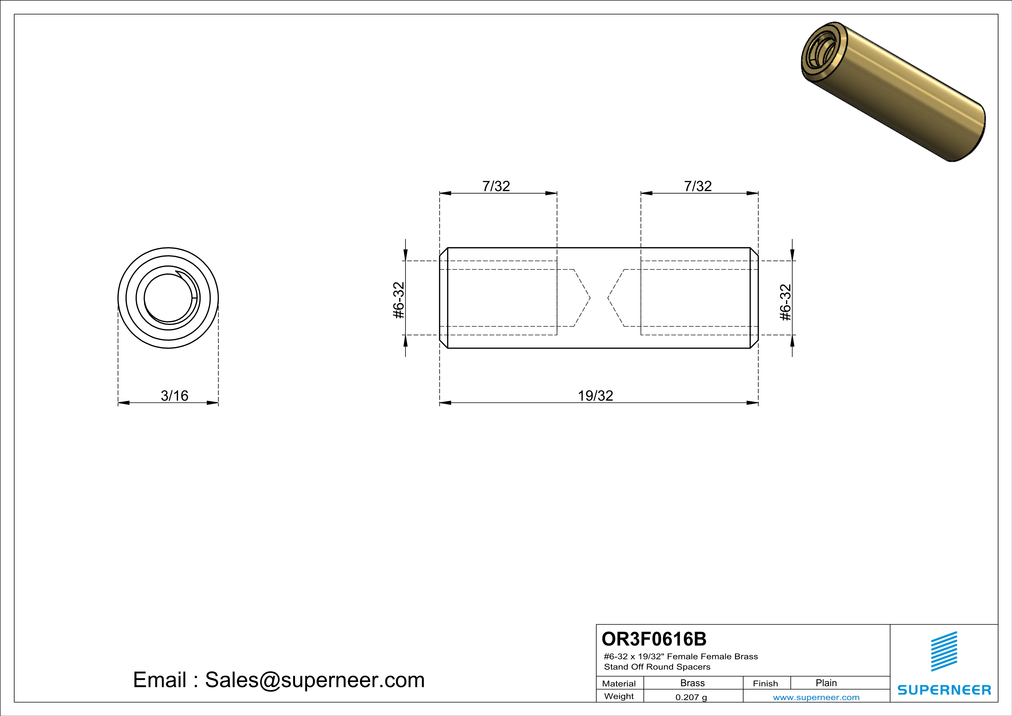 6-32 x 19/32" Female Female Brass Stand Off Round Spacers 