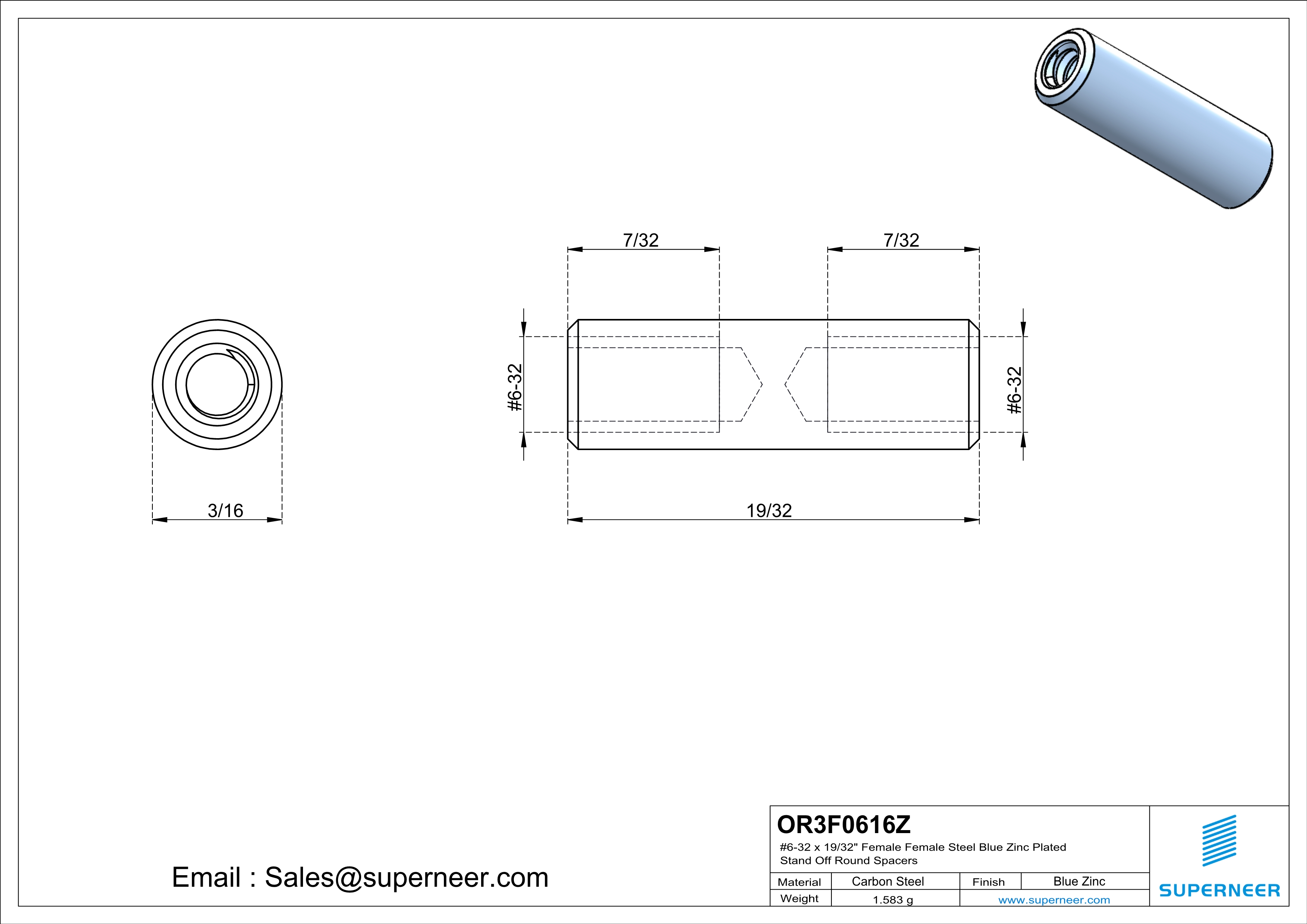 6-32 x 19/32" Female Female Steel Blue Zinc Plated Stand Off Round Spacers 