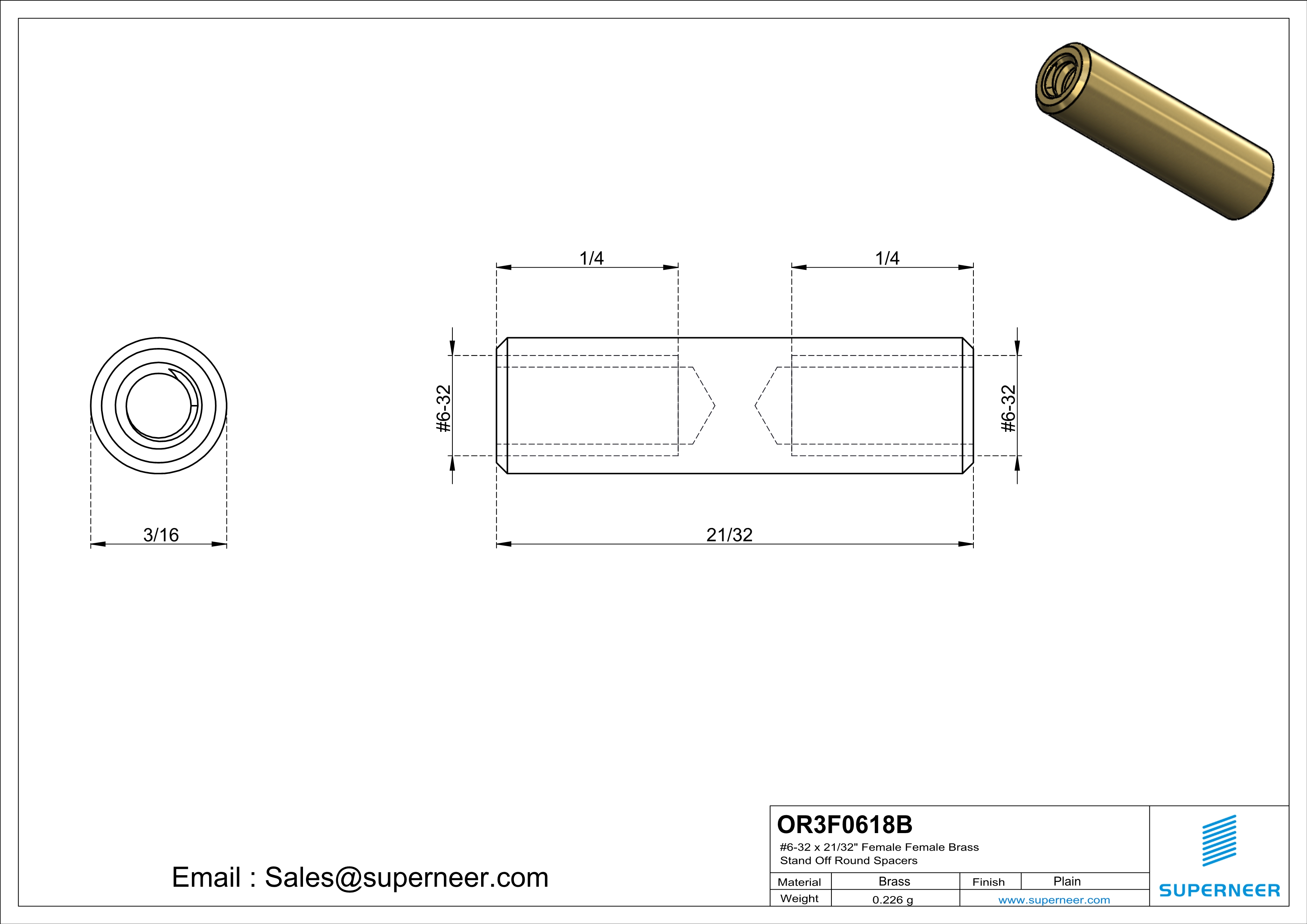 6-32 x 21/32" Female Female Brass Stand Off Round Spacers 