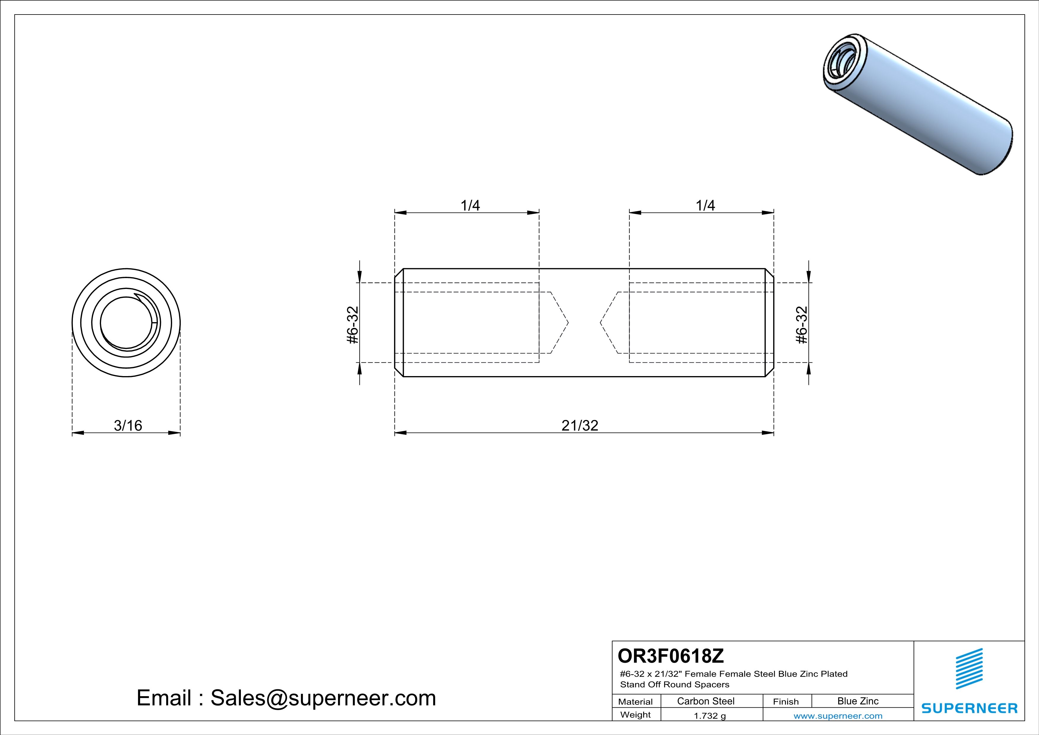 6-32 x 21/32" Female Female Steel Blue Zinc Plated Stand Off Round Spacers 