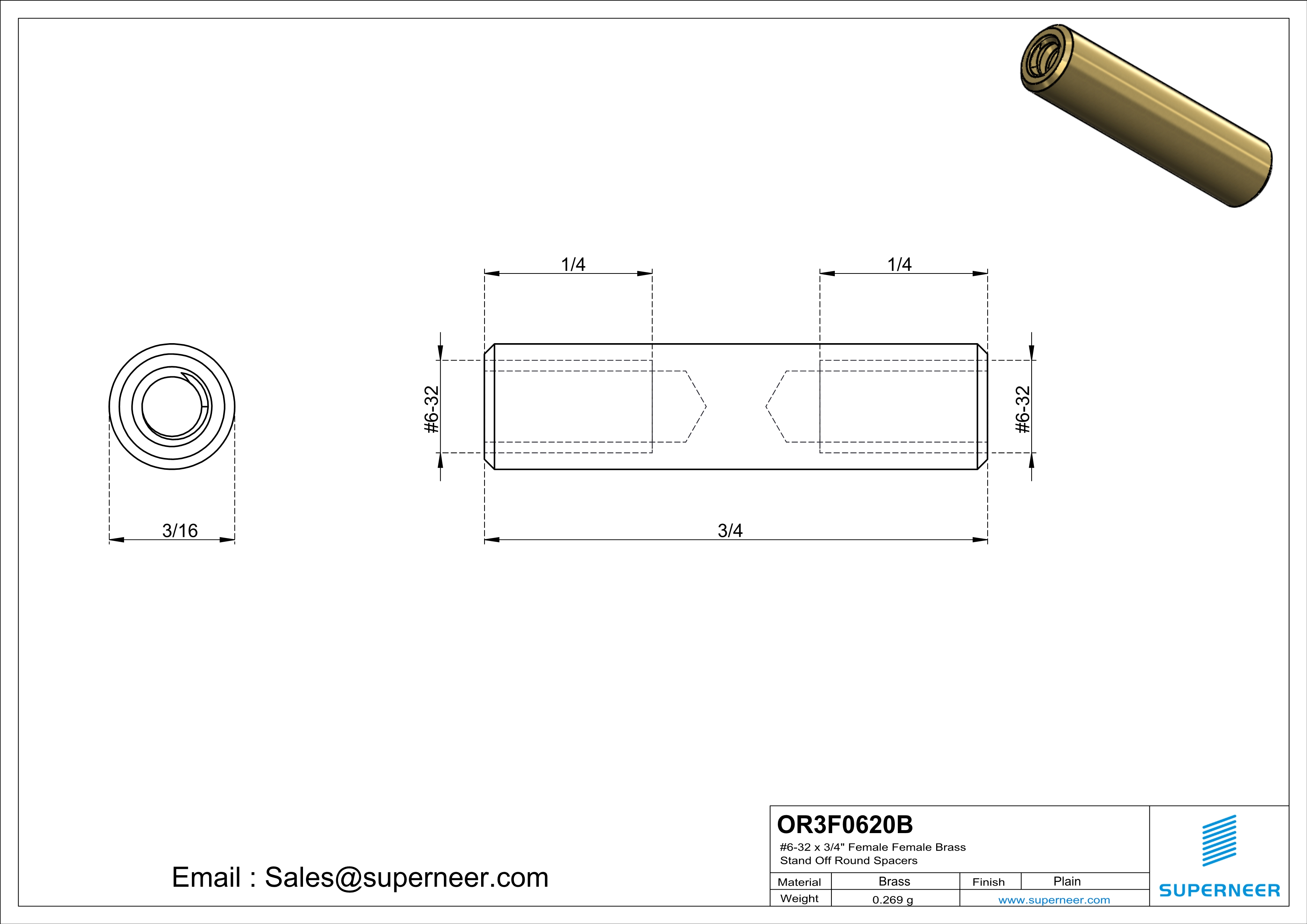 6-32 x 3/4" Female Female Brass Stand Off Round Spacers 