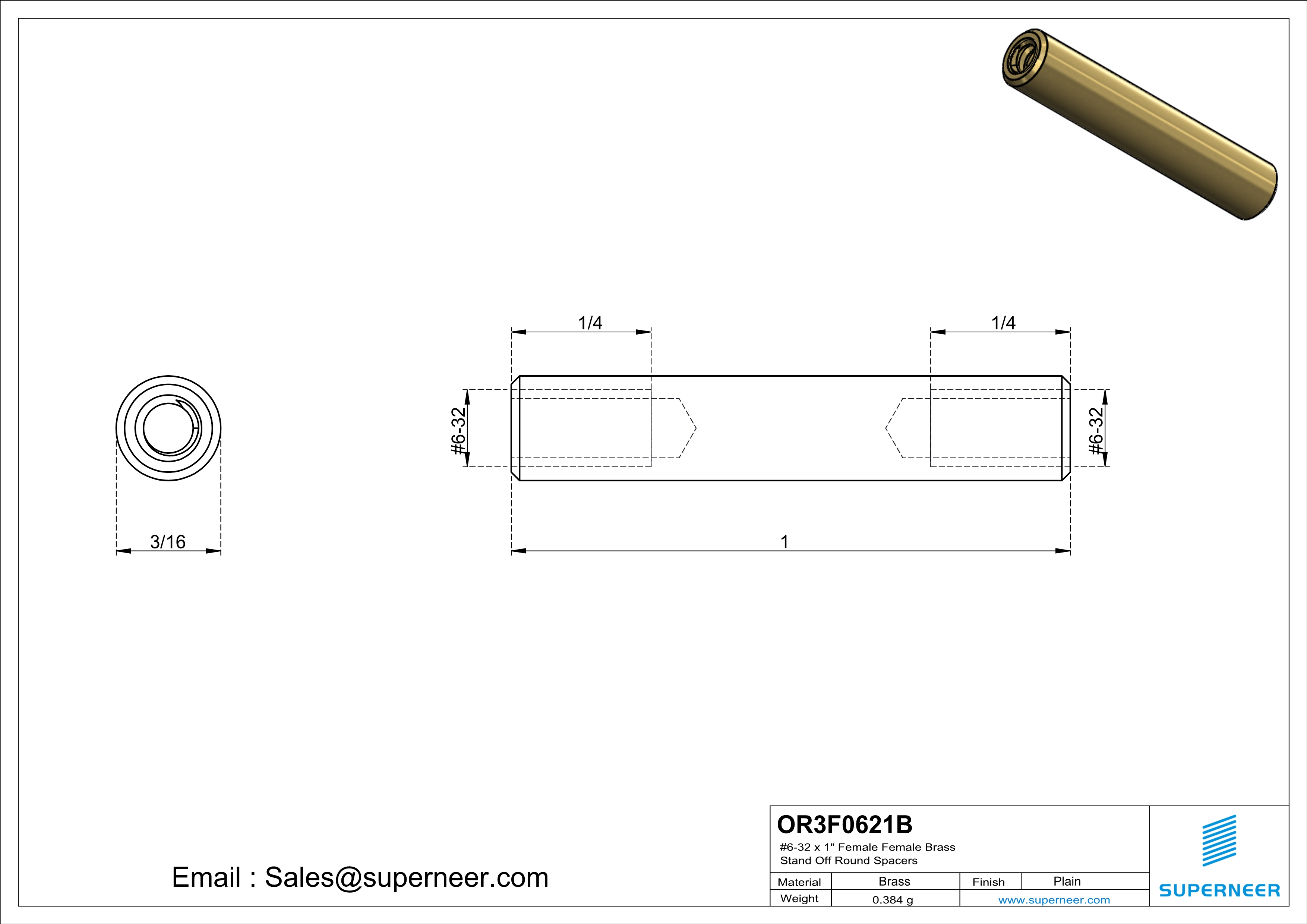 6-32 x 1" Female Female Brass Stand Off Round Spacers 