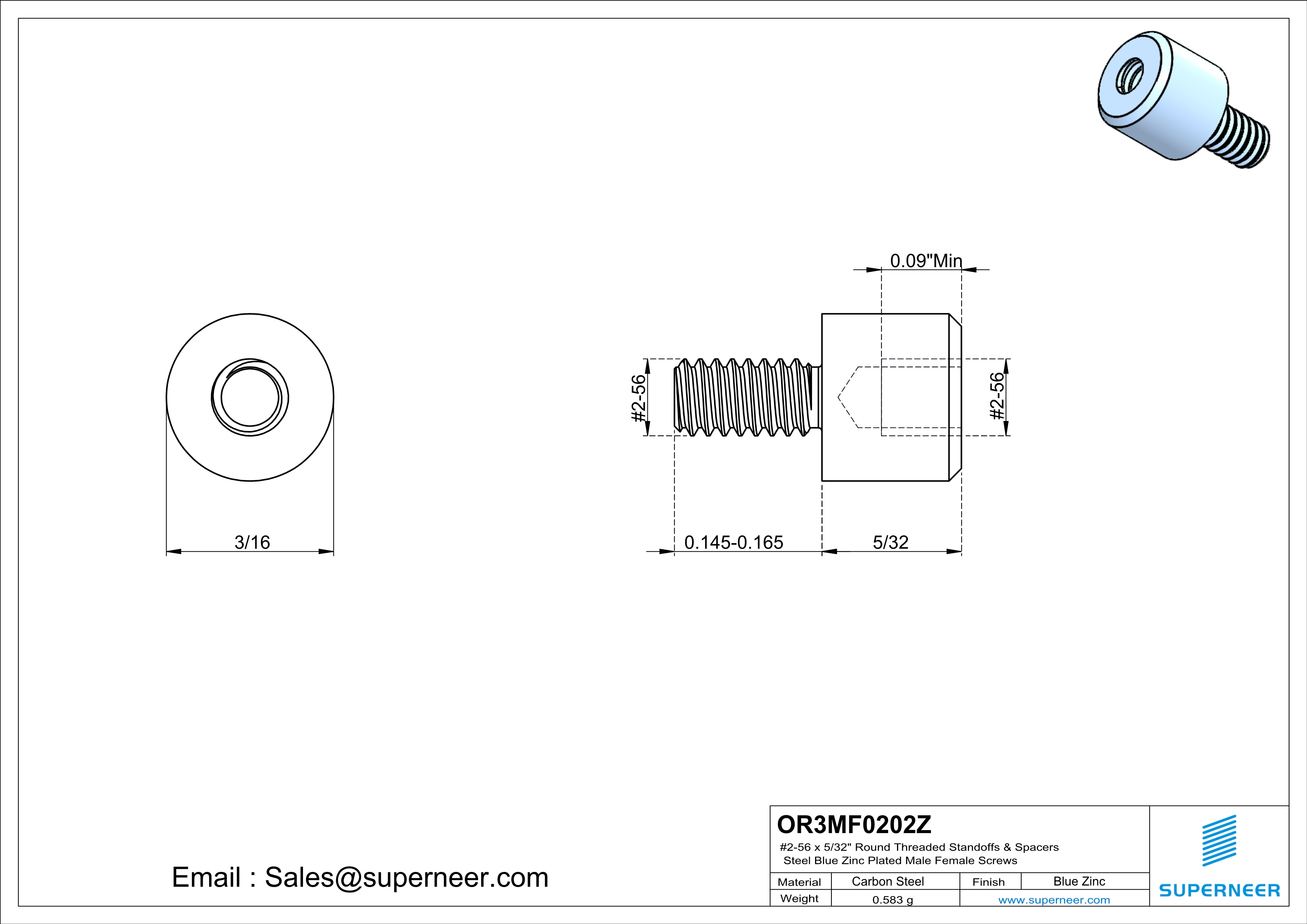 2-56 x 5/32" Round Threaded Standoffs & Spacers Steel Blue Zinc Plated Male Female Screws