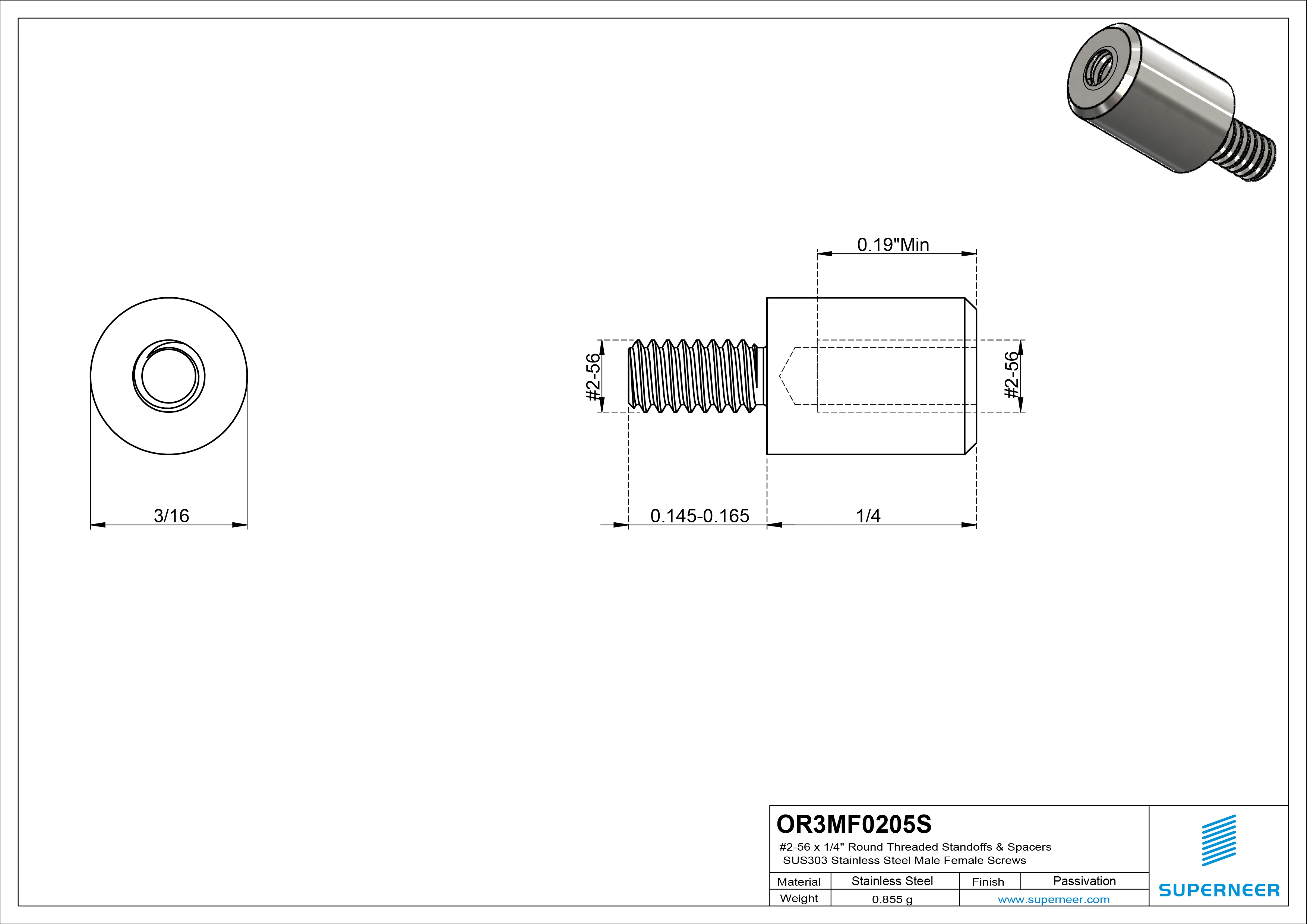 2-56 x 1/4" Round Threaded Standoffs & Spacers SUS303 Stainless Steel Inox Male Female Screws