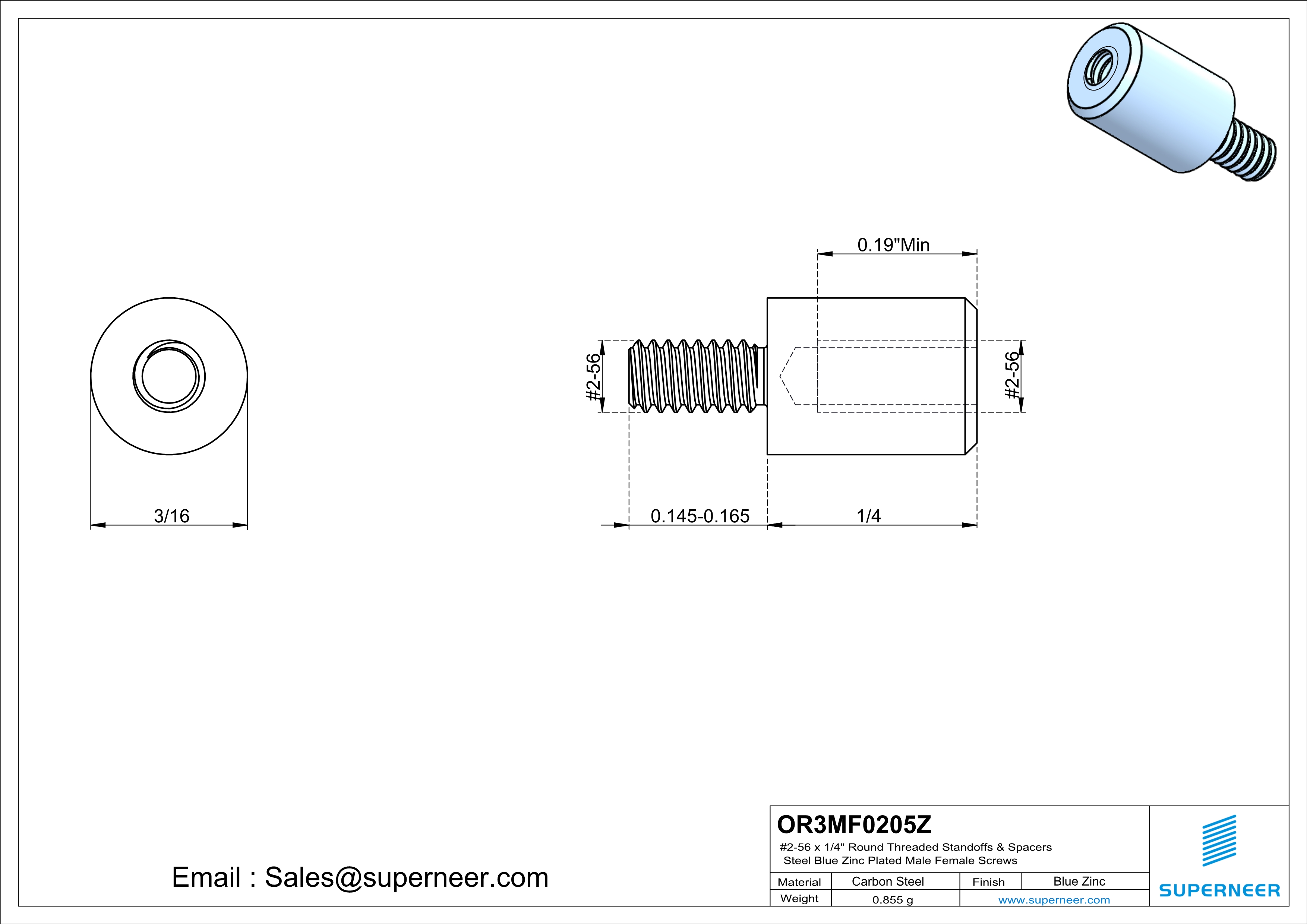 2-56 x 1/4" Round Threaded Standoffs & Spacers Steel Blue Zinc Plated Male Female Screws