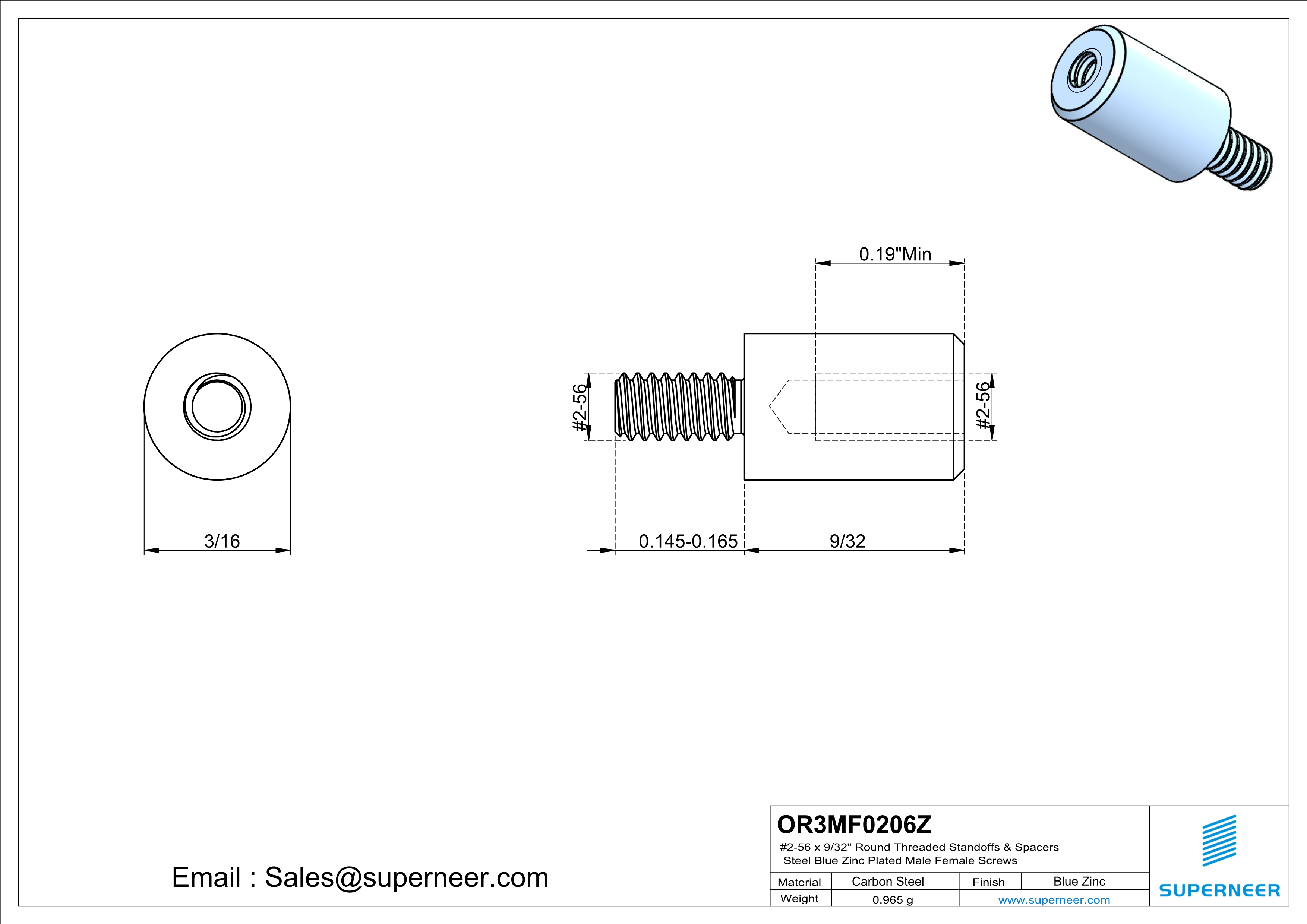 2-56 x 9/32" Round Threaded Standoffs & Spacers Steel Blue Zinc Plated Male Female Screws