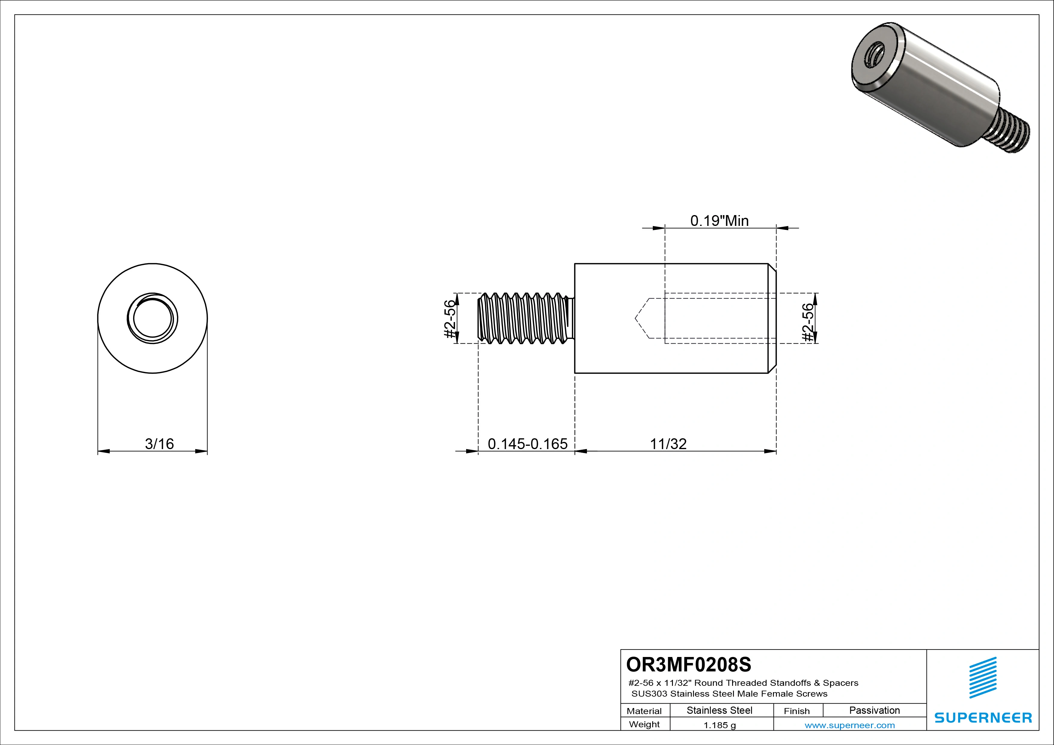 2-56 x 11/32" Round Threaded Standoffs & Spacers SUS303 Stainless Steel Inox Male Female Screws