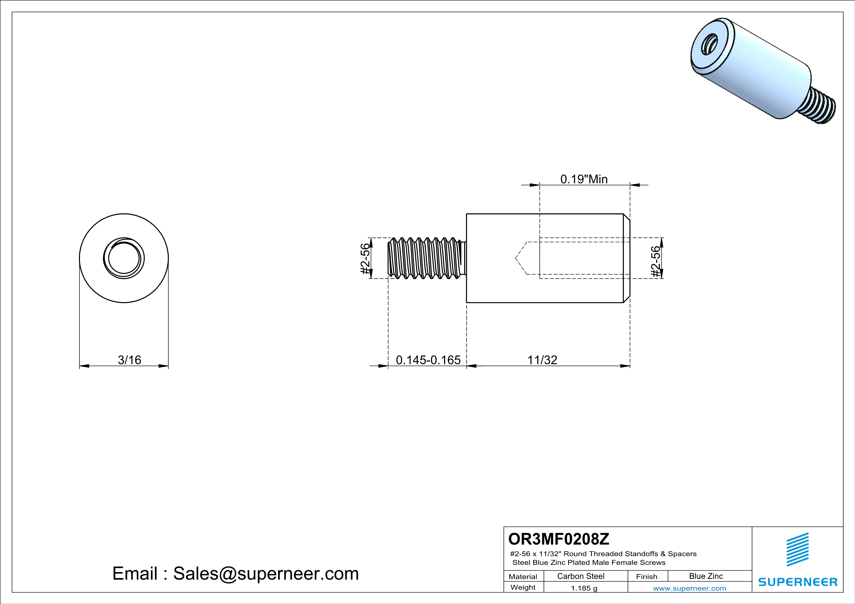 2-56 x 11/32" Round Threaded Standoffs & Spacers Steel Blue Zinc Plated Male Female Screws