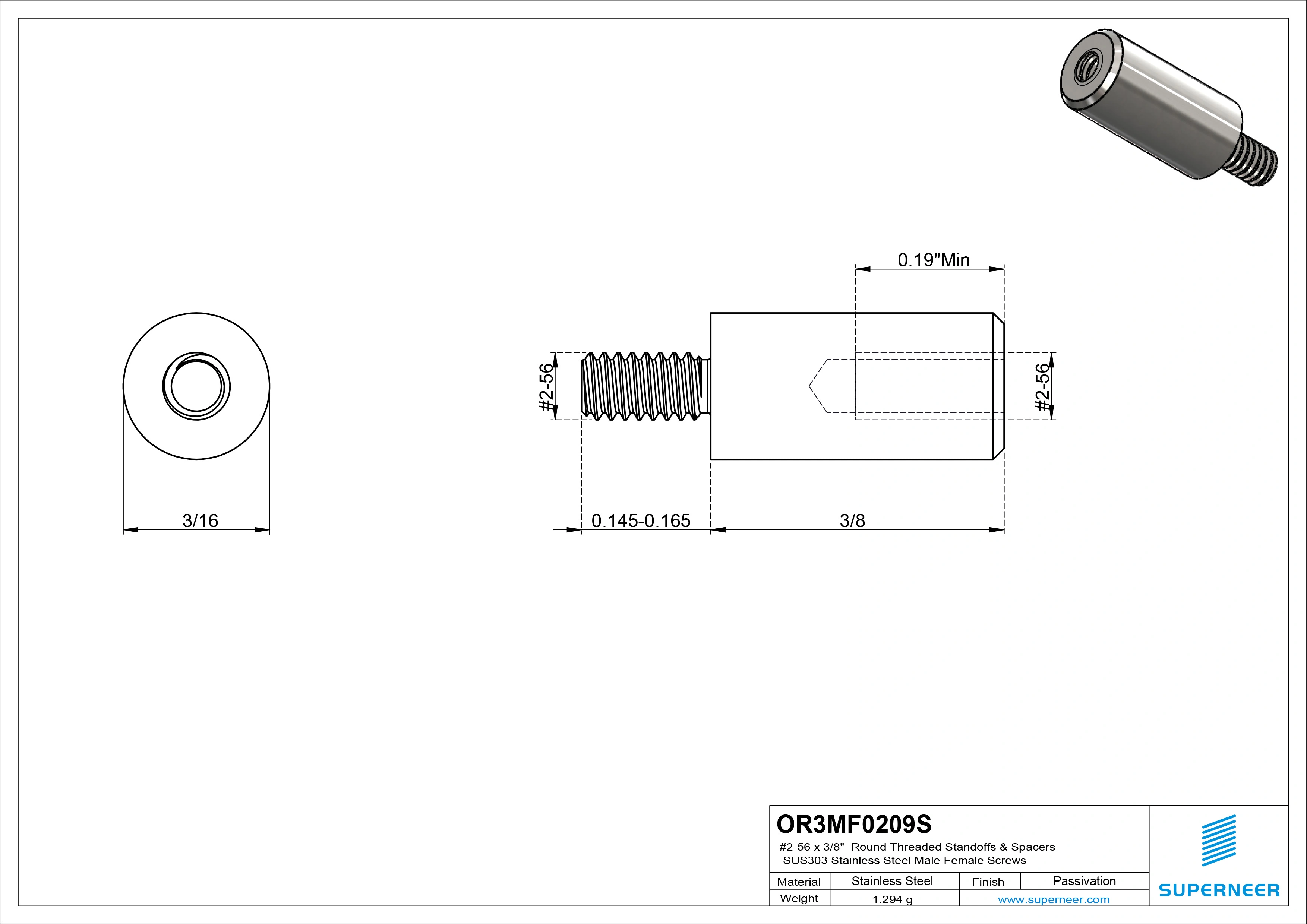 2-56 x 3/8" Round Threaded Standoffs & Spacers SUS303 Stainless Steel Inox Male Female Screws