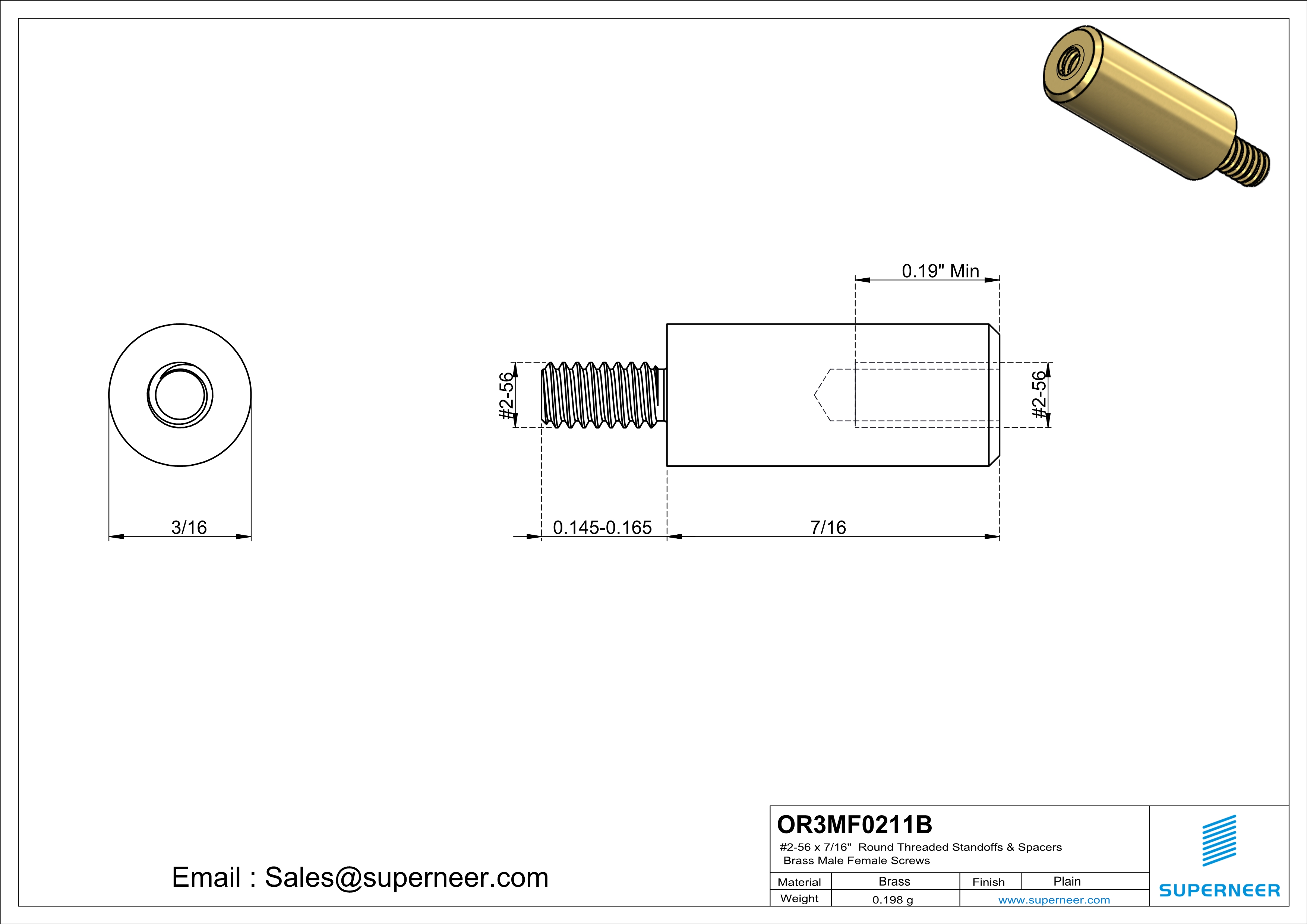 2-56 x 7/16" Round Threaded Standoffs & Spacers Brass Male Female Screws