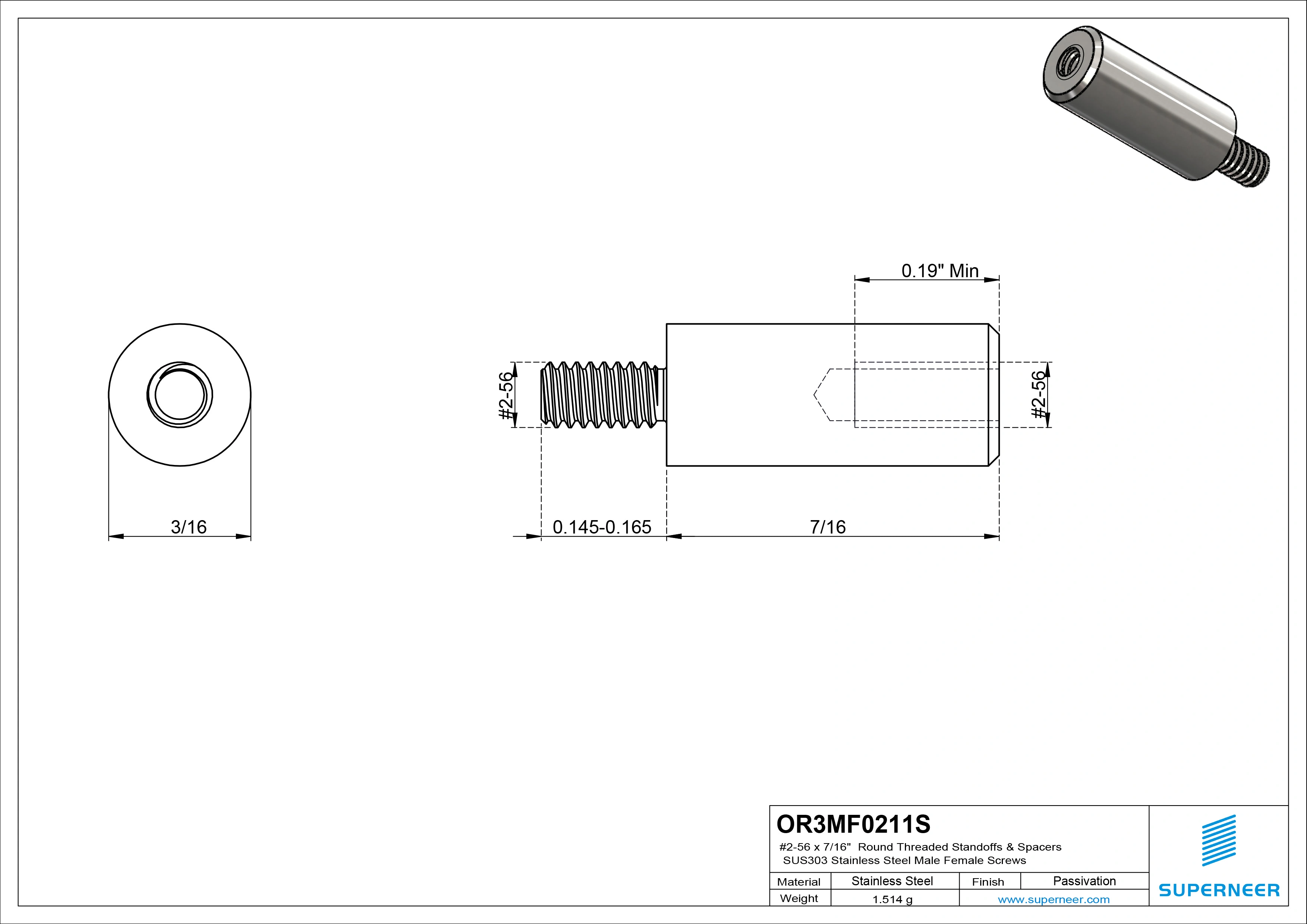 2-56 x 7/16" Round Threaded Standoffs & Spacers SUS303 Stainless Steel Inox Male Female Screws