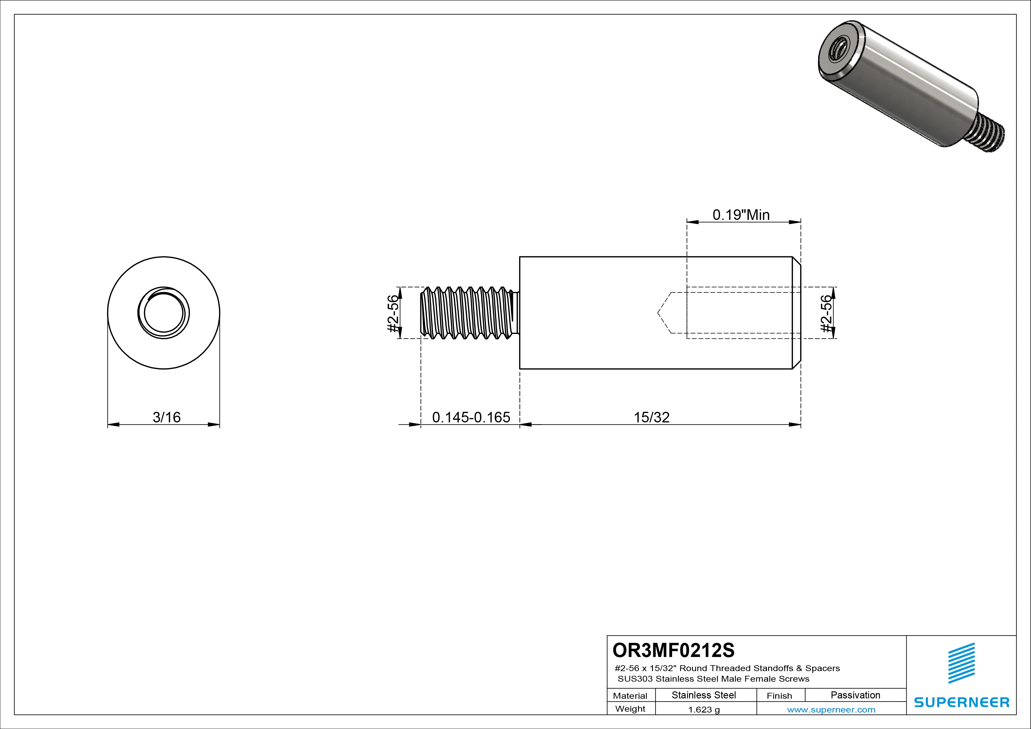 2-56 x 15/32" Round Threaded Standoffs & Spacers SUS303 Stainless Steel Inox Male Female Screws