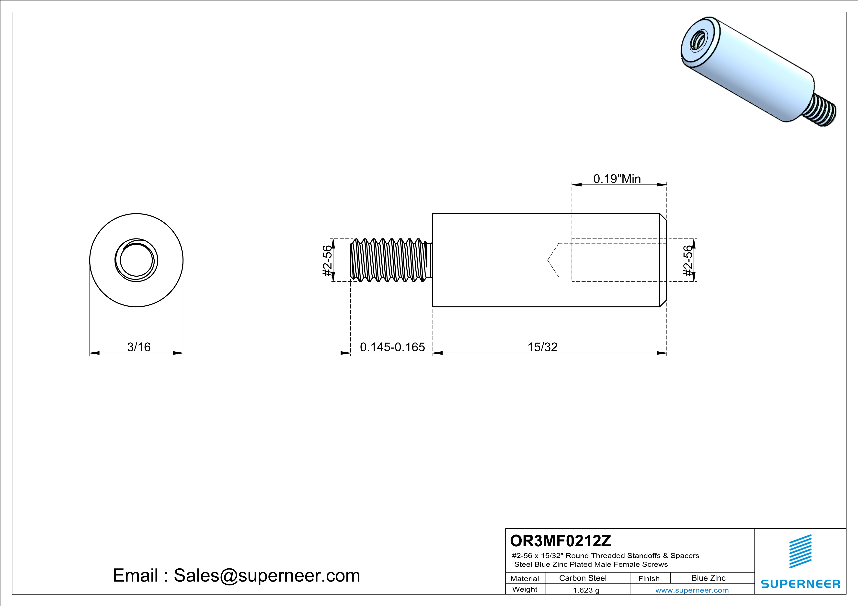 2-56 x 15/32" Round Threaded Standoffs & Spacers Steel Blue Zinc Plated Male Female Screws