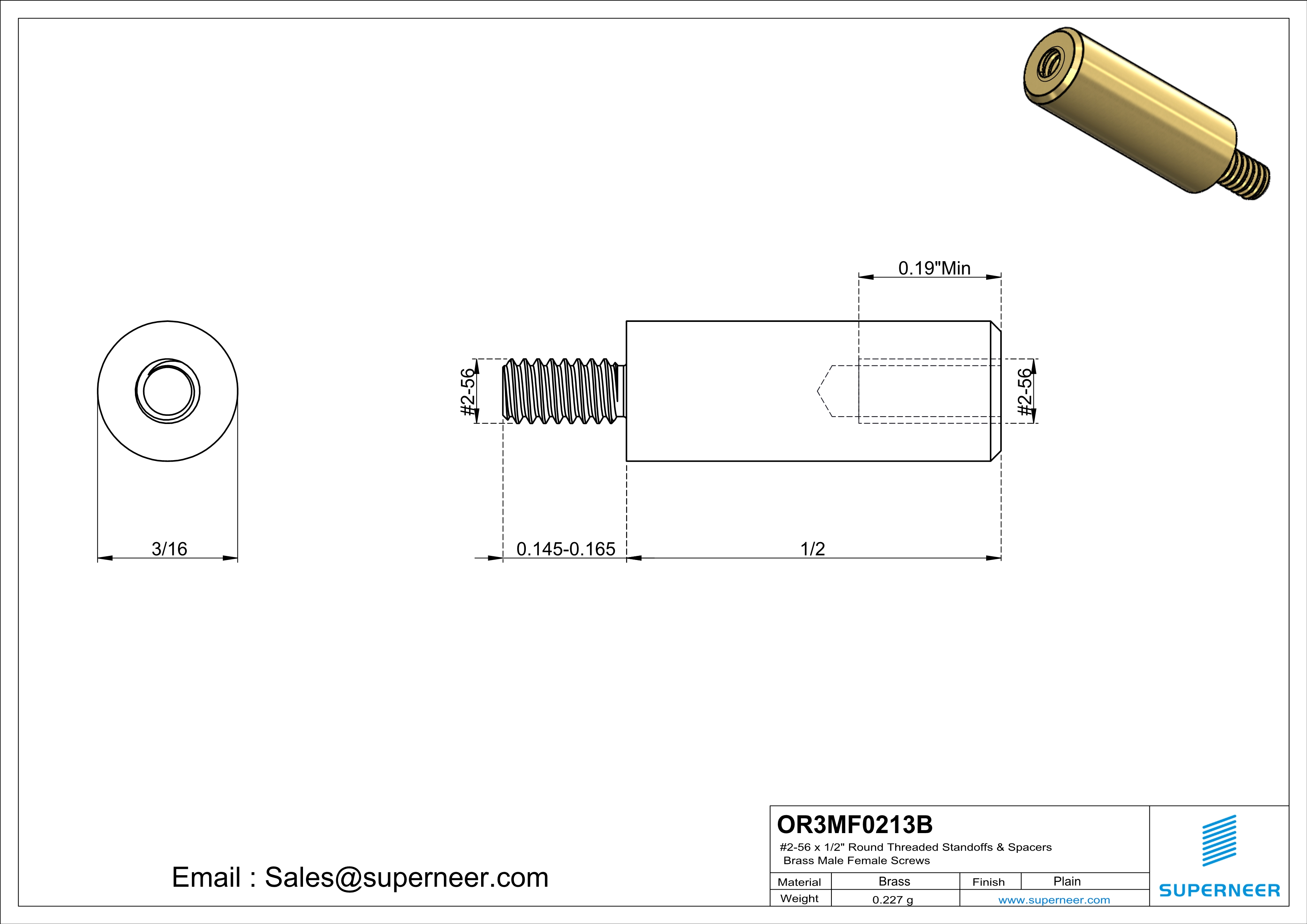 2-56 x 1/2" Round Threaded Standoffs & Spacers Brass Male Female Screws